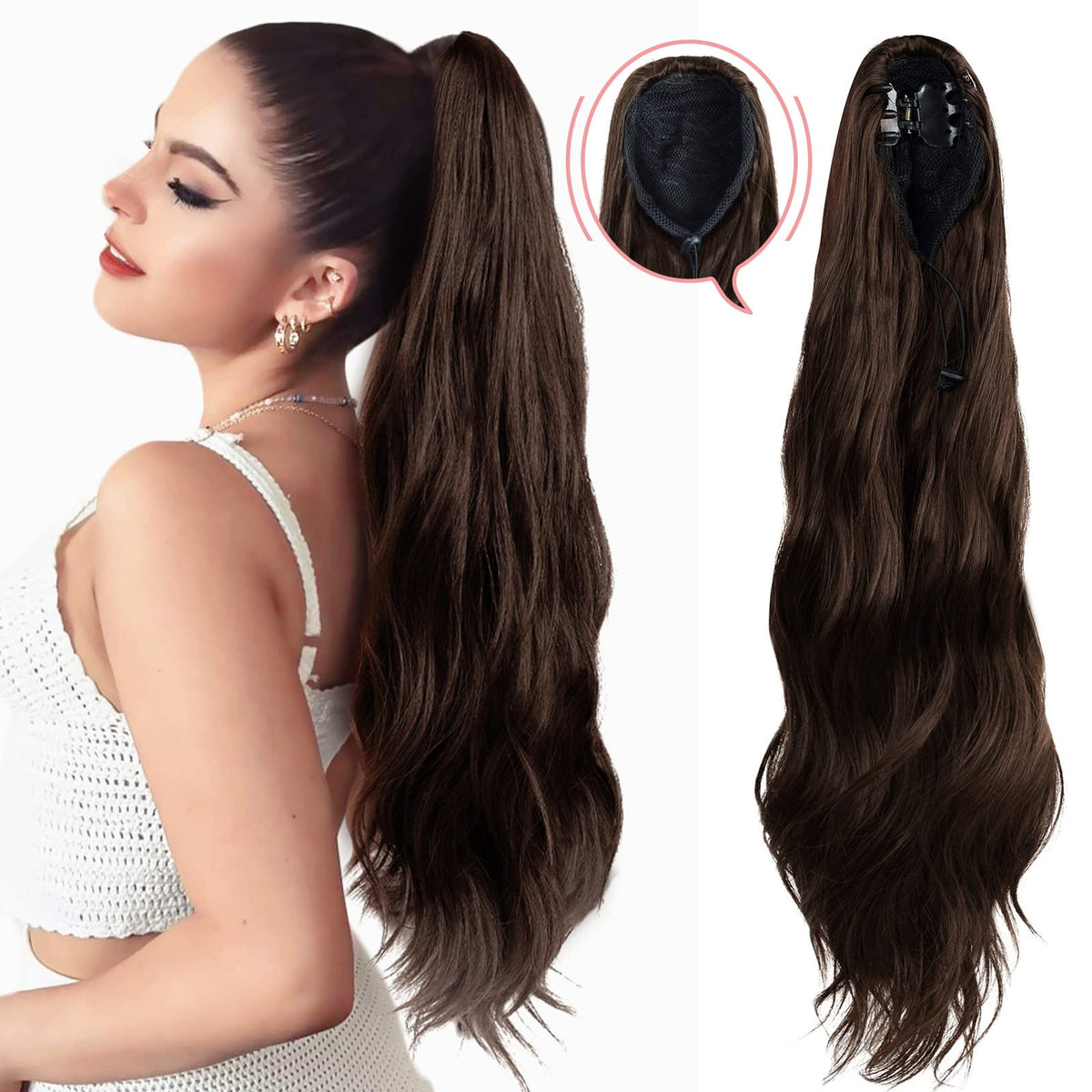 Fashion Icon 20&quot; Chocolate Brown Ponytail Extension - Synthetic Hairpiece with Clip & Drawstring