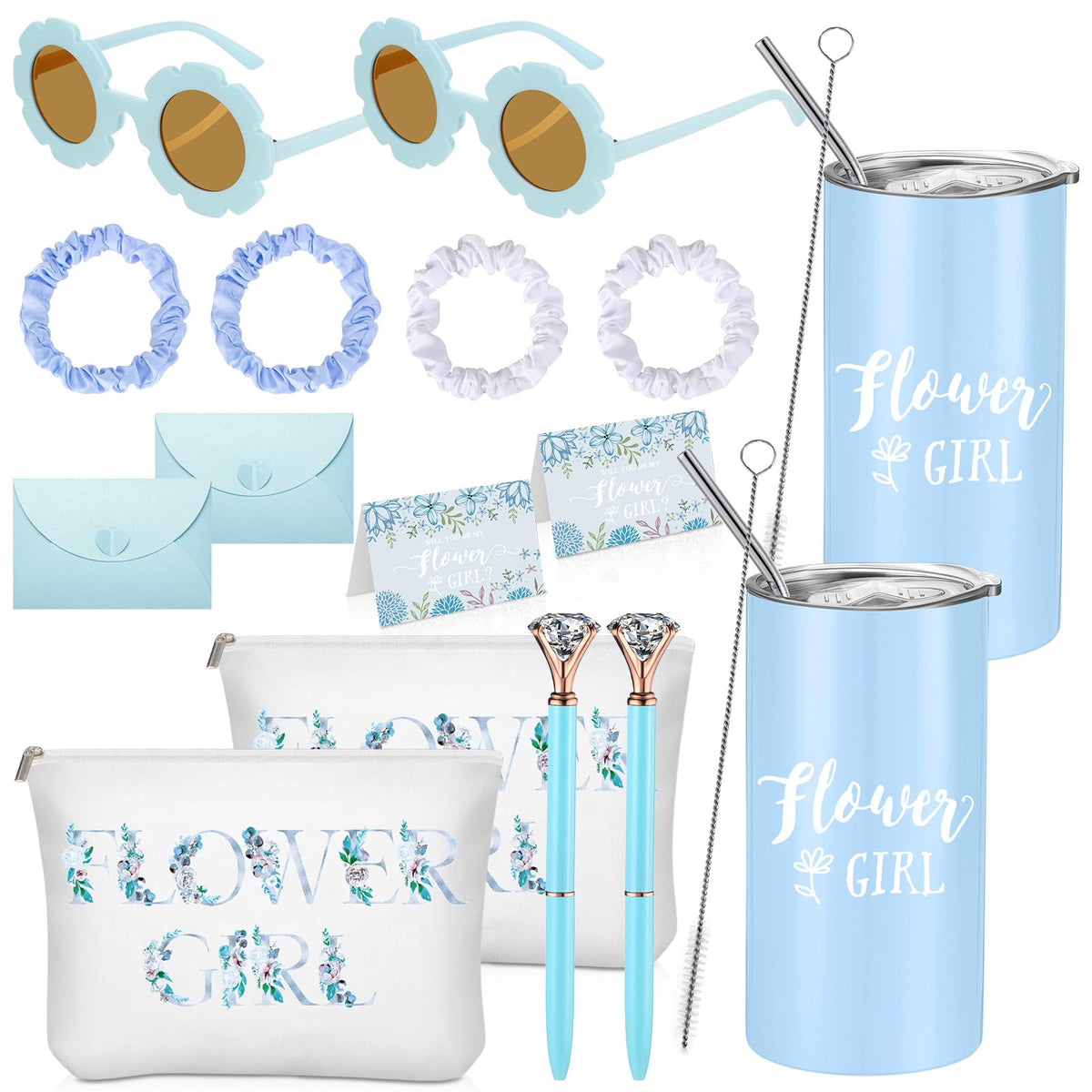 Sieral Flower Girl Proposal Gifts - 16 Pcs Blue Tumblers, Makeup Bag, Scrunchies & More