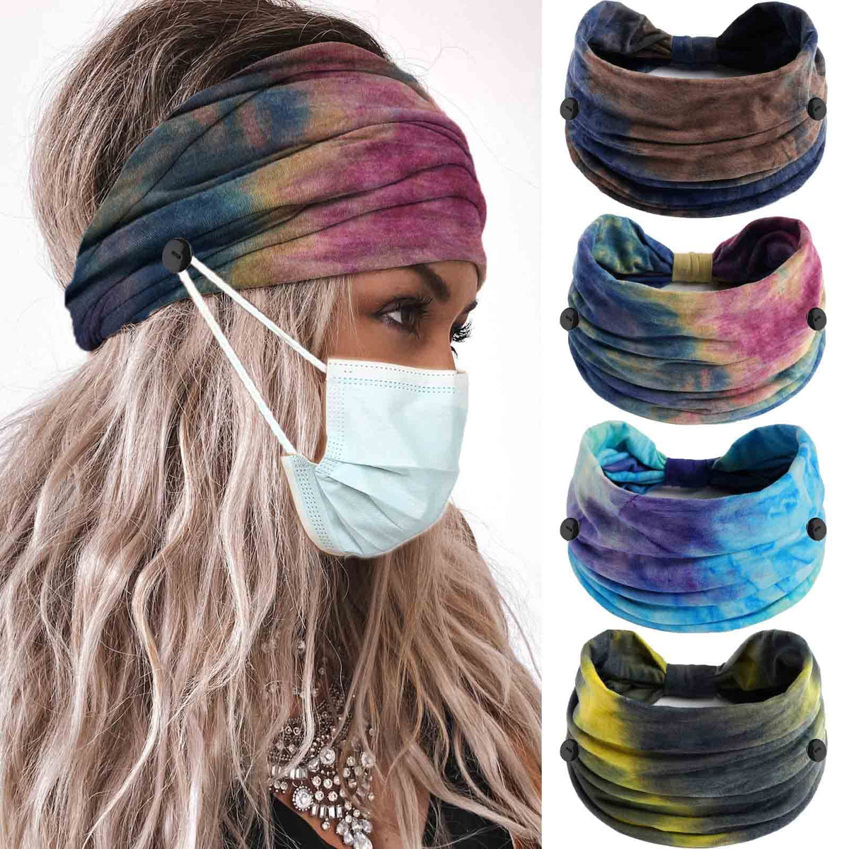 Olbye Tie Dye Button Headbands for Women - 4Pcs Non-Slip Sports Hair Scarfs & Mask Ear Saver