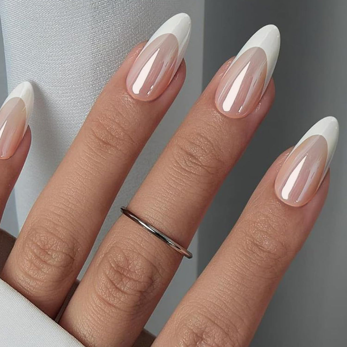 GLAMERMAID Pearl French Tip Press on Nails - Medium Short Almond Nude Pink Reusable Acrylic Set