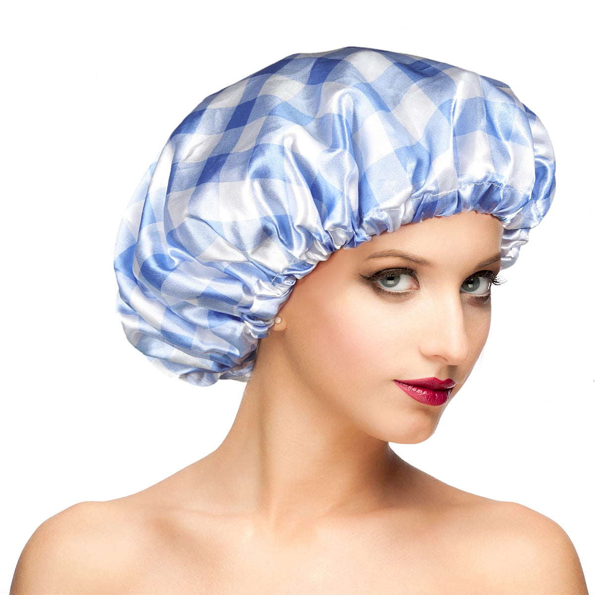 Fishent Women'S Reusable Waterproof Shower Cap - X-Large Blue Plaids, Adjustable Elastic Band