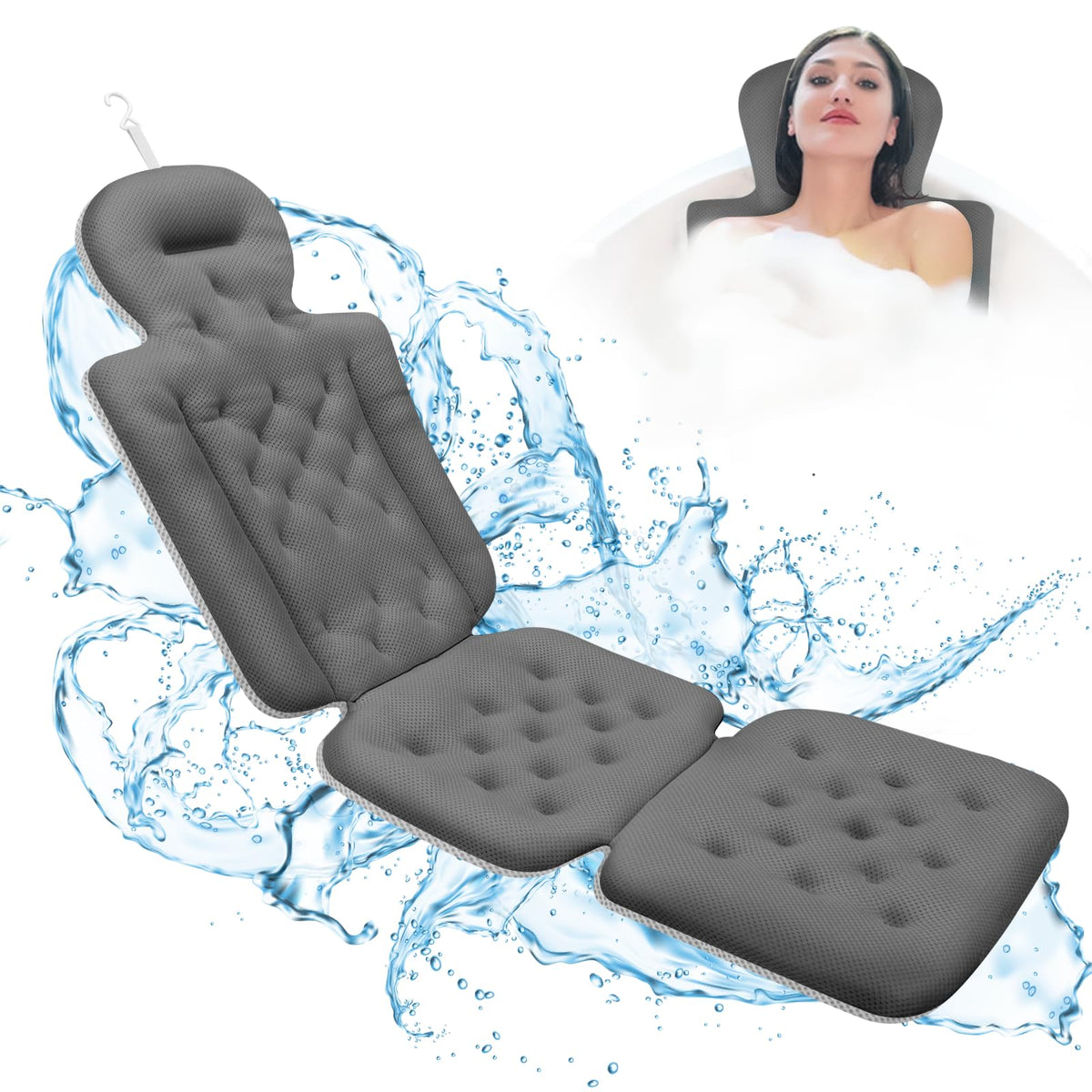 Feiae Full Body Bath Pillow, Grey Luxury Tub Headrest With Non-Slip Suction Cups & Mesh Bag