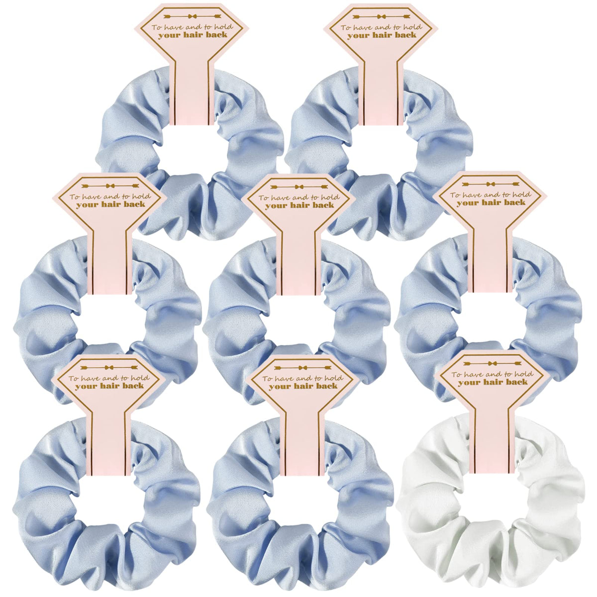 Loanzeg Satin Bridesmaid Scrunchies Set Of 8, White & Dusty Blue Hair Ties For Wedding Favors