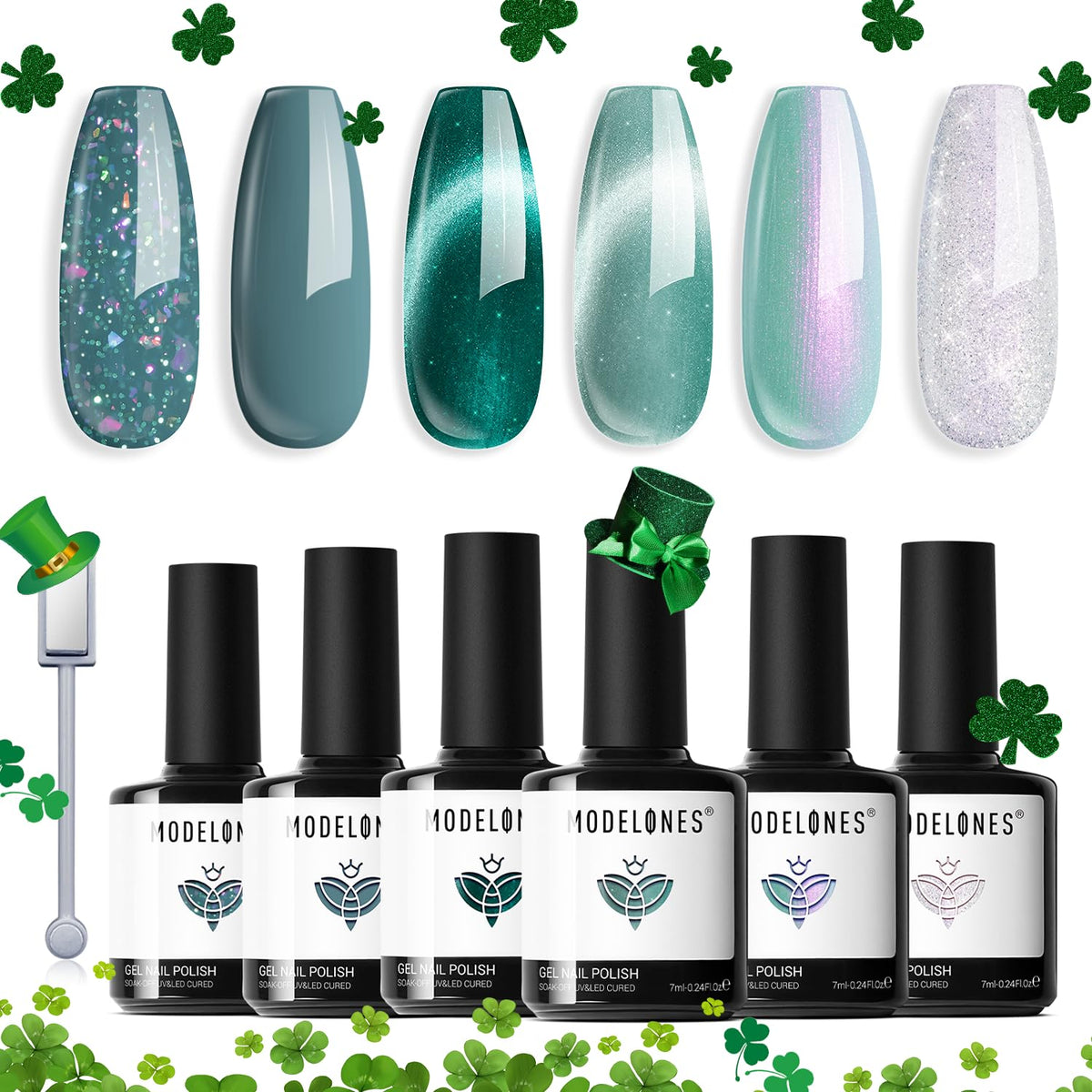 Modelones Cat Eye Gel Nail Polish Kit, 6 Colors Hema Free Glitter For St. Patrick'S Day Nail Art