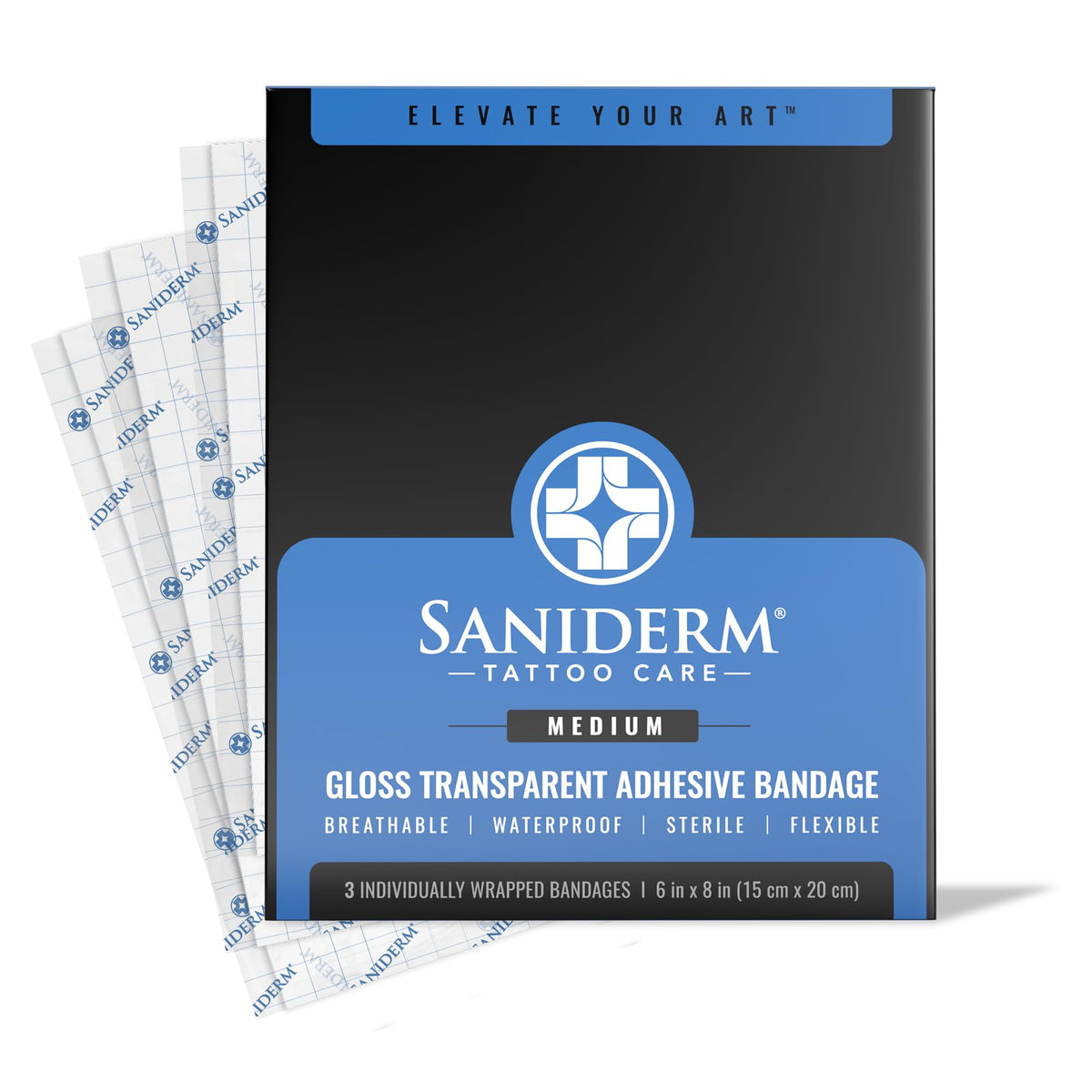 Saniderm Tattoo Aftercare Bandage, 3 Sterile Waterproof Sheets, 6X8 Inch - Fast Healing