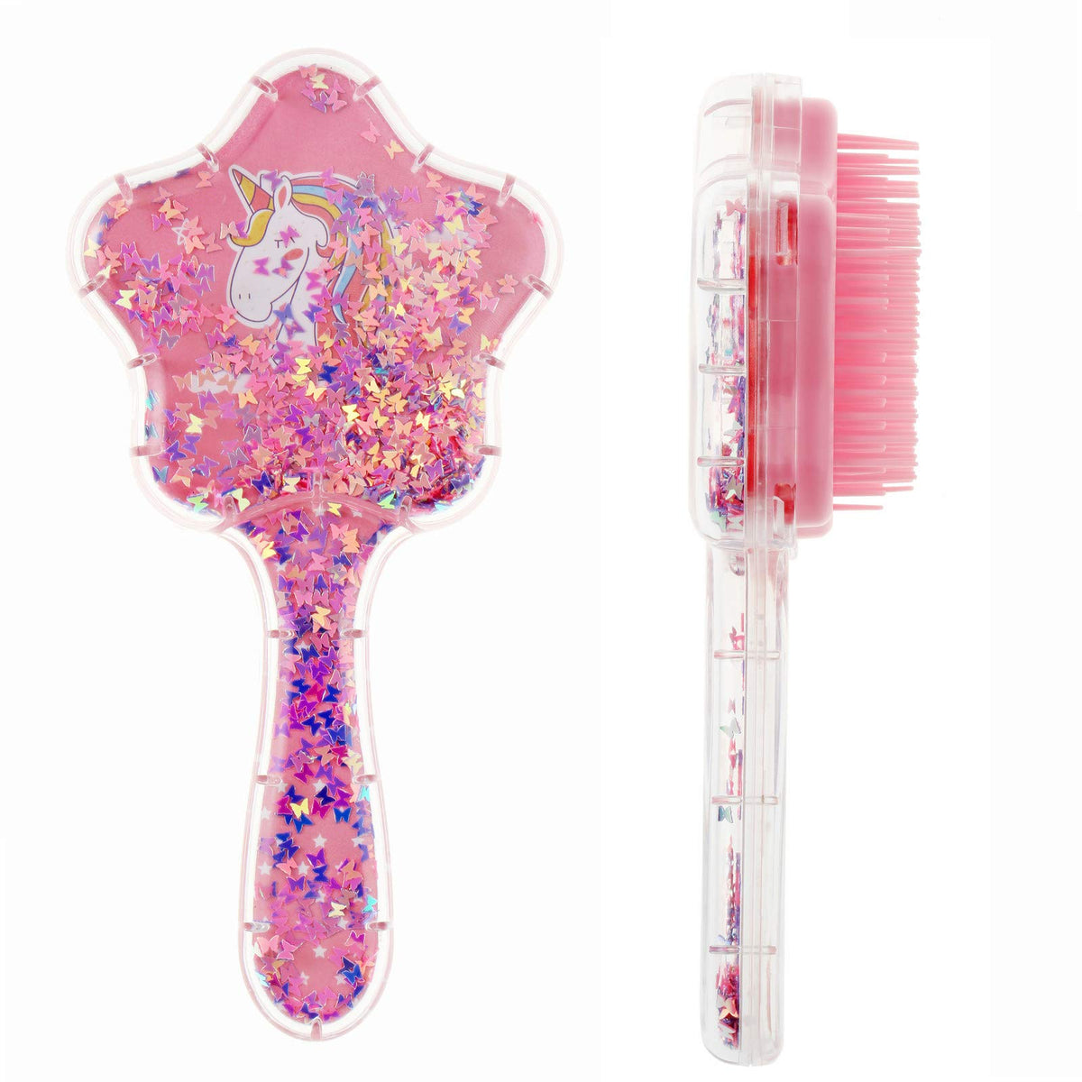 Zou.Rena Pink Hair Brush For Girls, Tangle-Free Glitter Confetti Unicorn Gift, Ages 3-8