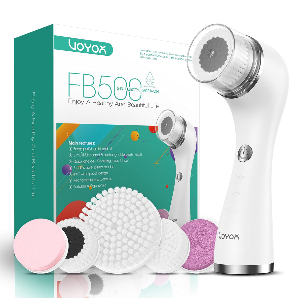 Voyor 5-In-1 Facial Cleansing Brush Set, Waterproof Rechargeable Spin Brush For Deep Cleansing, White