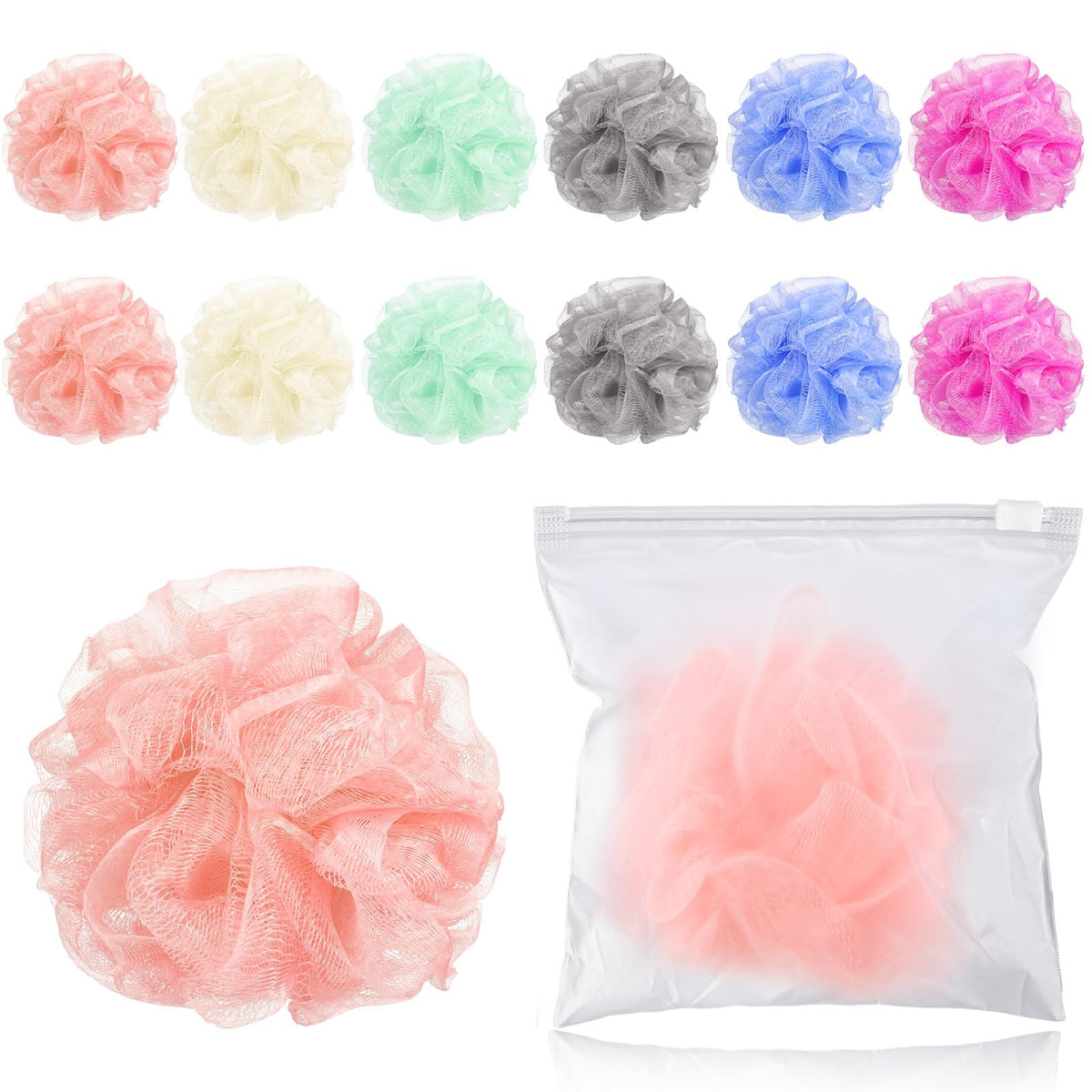 Funnymoom 12 Pcs Colorful Travel Loofah Bath Sponge Puff Set - Mini Shower Puff With Case