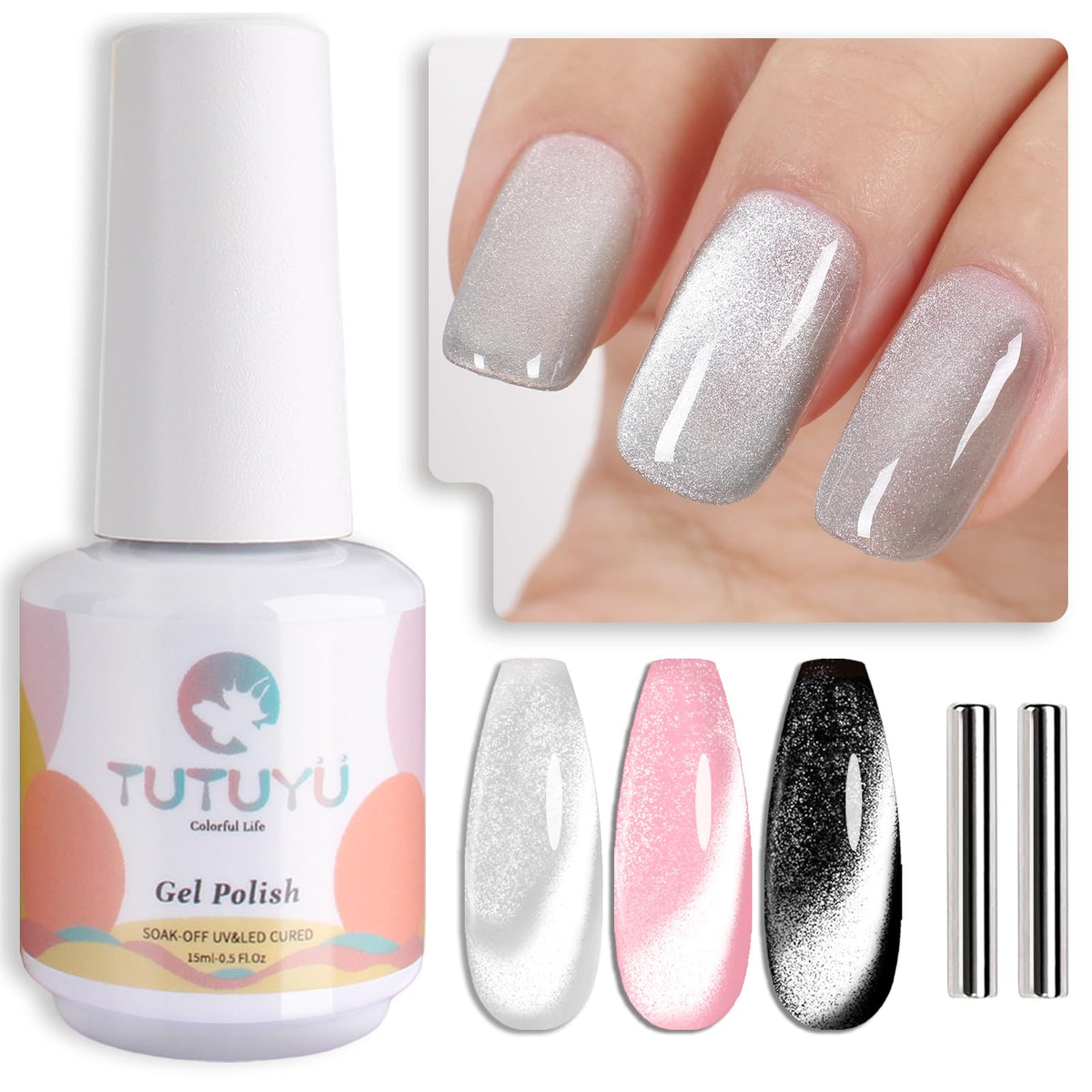 Tutuyu Cat Eye Gel Nail Polish 15Ml - Holographic Silver Shimmer For Uv Led Manicure