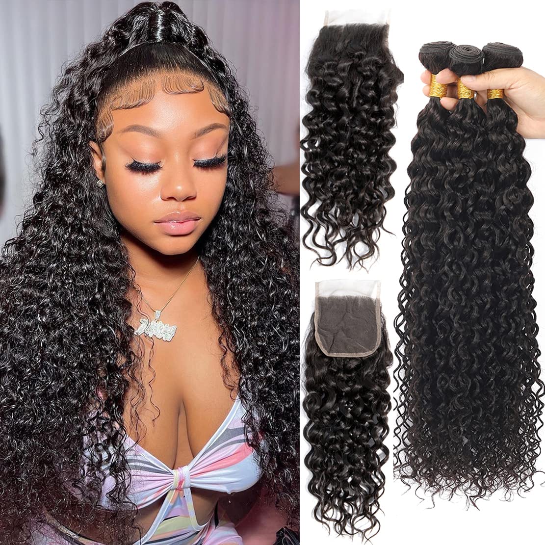 Vallbest Water Wave Bundles With Closure - 4 Unprocessed Brazilian Hair (24-30 Inch)