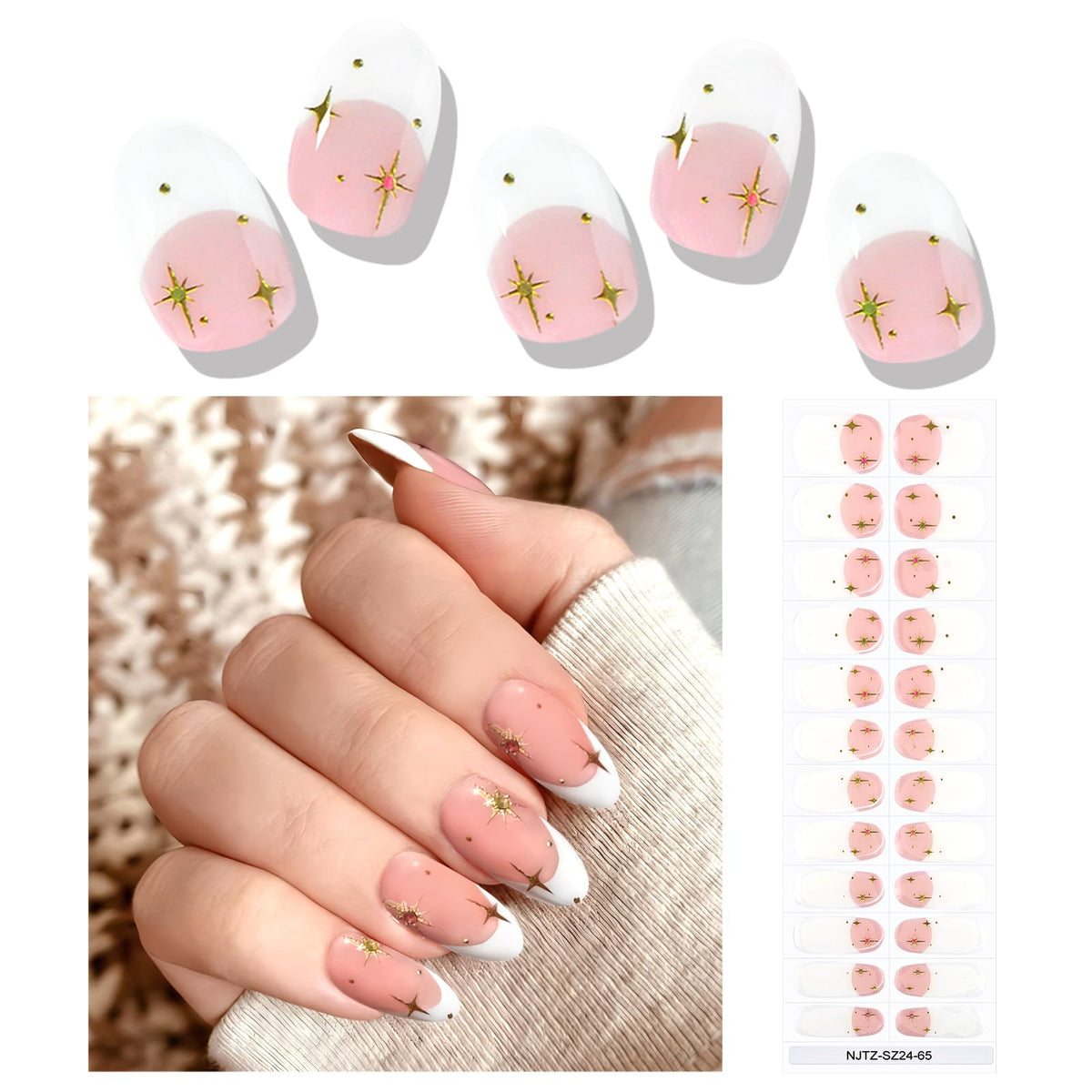 Ebanku 24Pcs French Star Semi-Cured Gel Nail Strips - Waterproof Full Nail Wraps With File