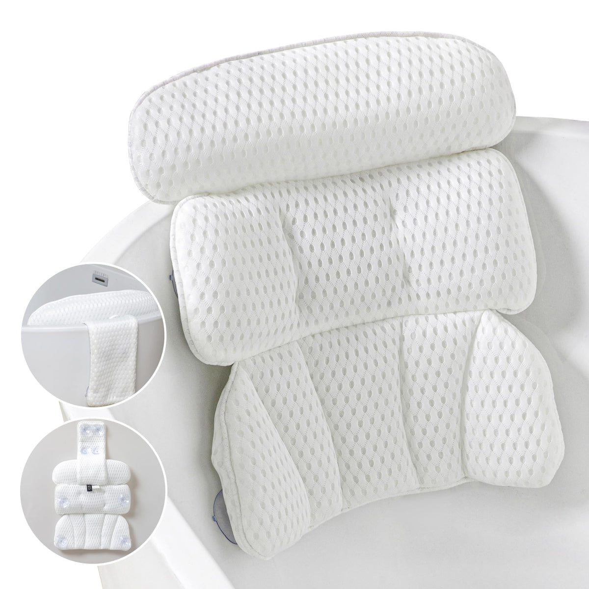 Czl Bath Pillow For Tub - Neck & Back Support, 4D Air Mesh, Non-Slip Suction Cups, White