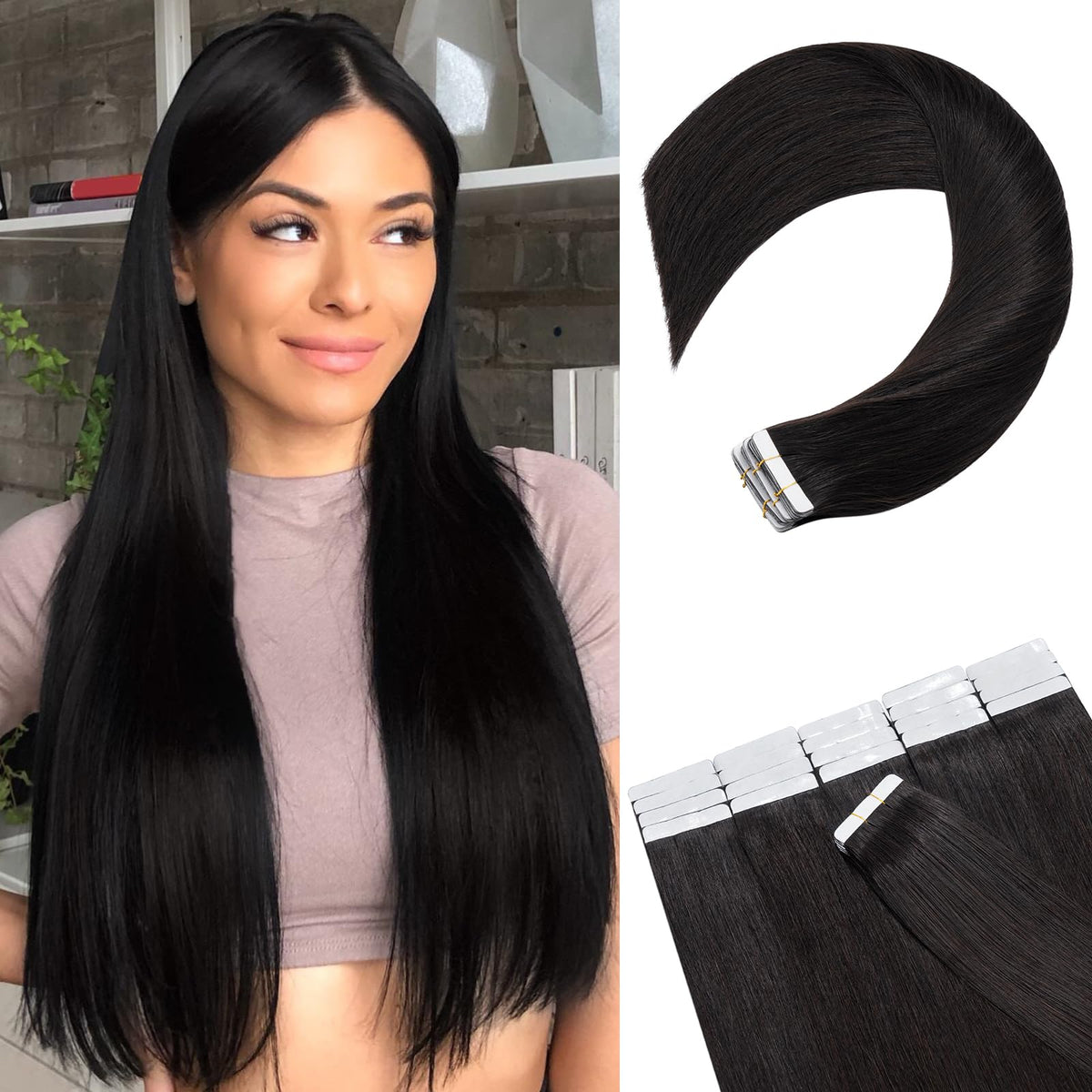 Rich Choices 24&quot; Tape In Hair Extensions, 50G 100% Remy Human Hair, Natural Black Balayage