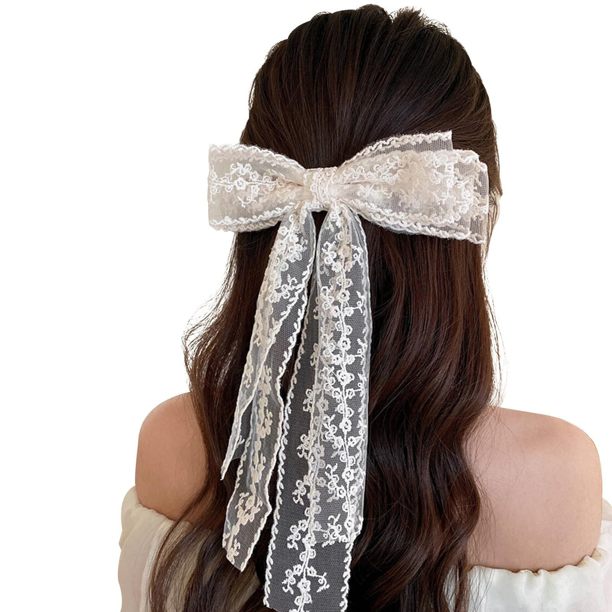 Asijuntyecho Lace Hair Bows & Clips Set - White Alligator Barrettes For Women & Girls