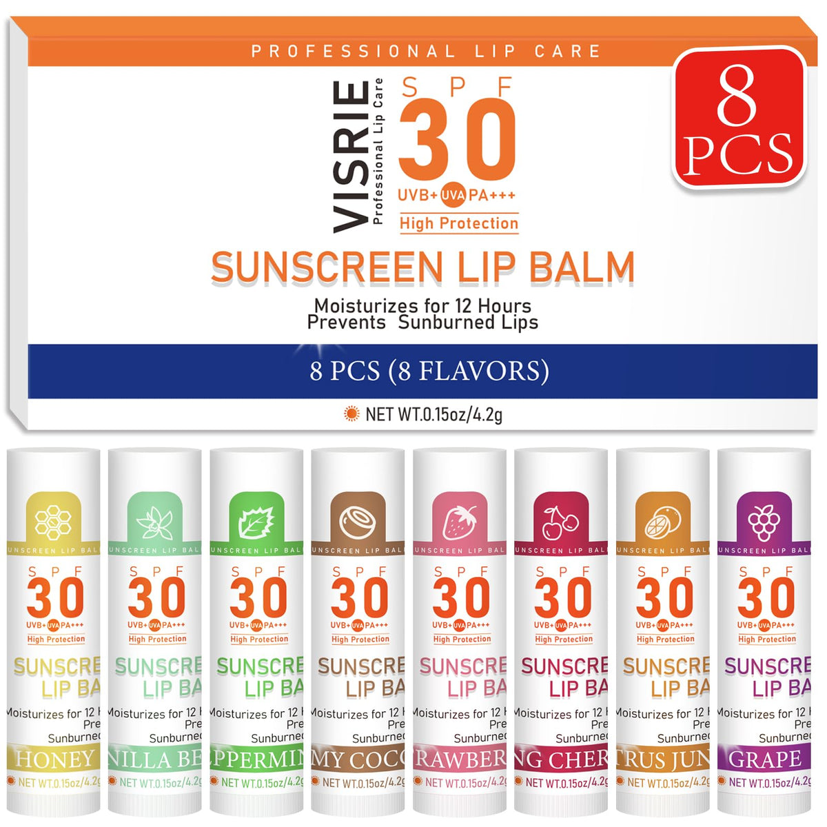 Visrie Spf 30 Lip Balm 8 Pack - Hydrating Travel Size With Vitamin E & Coconut Oil, 8 Flavors