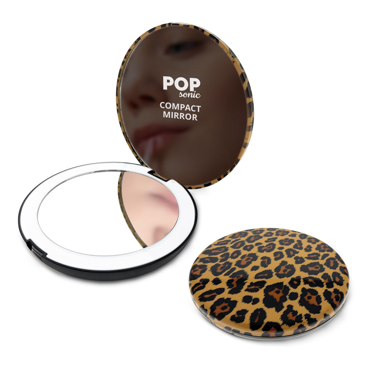 Pop Sonic Circle Led Compact Mirror - Adjustable Brightness, 1X/5X Magnifiers, Leopard