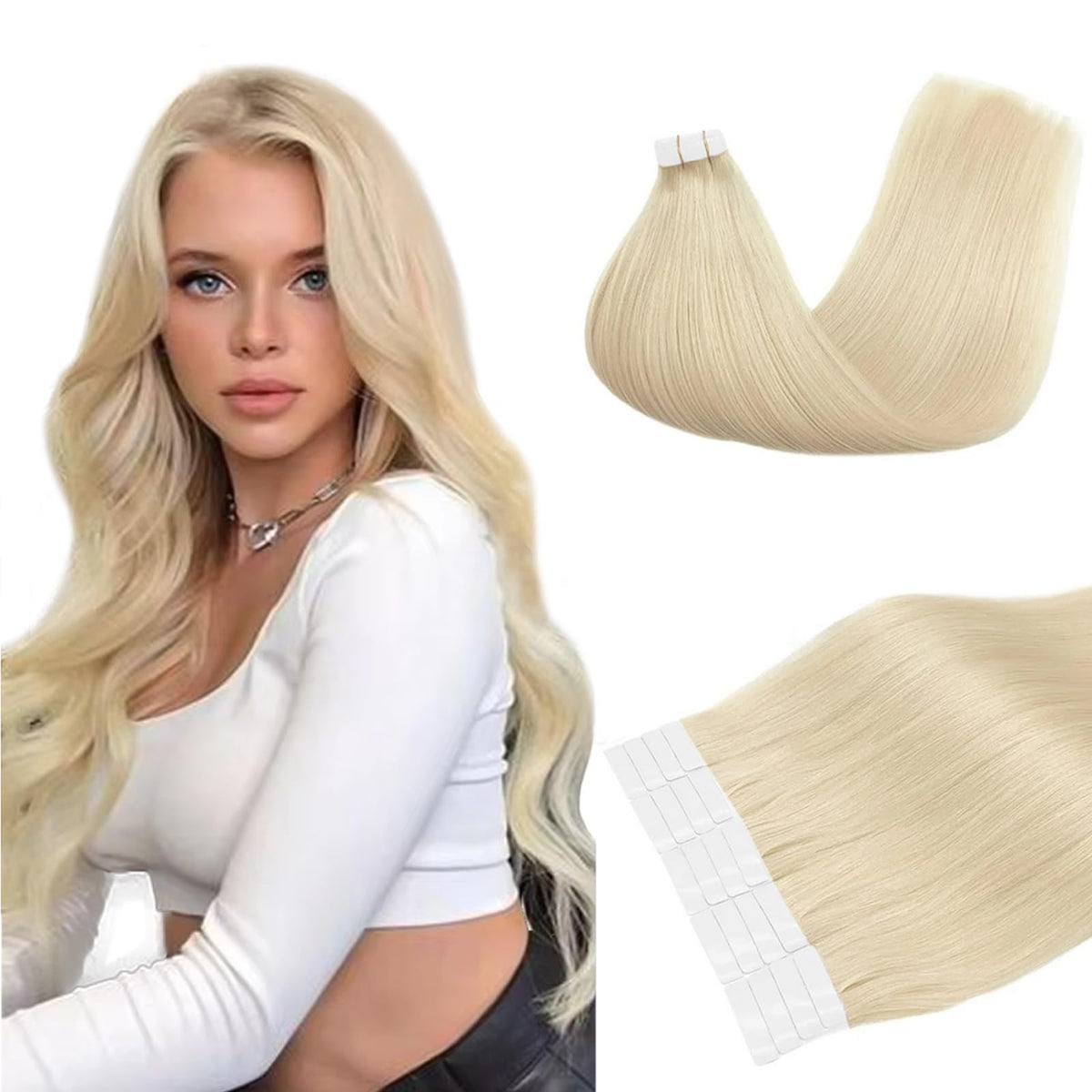 Munx 20 Inch Platinum Blonde Tape In Human Hair Extensions - 50G Remy Straight, 20Pcs