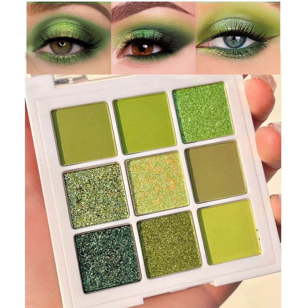 Evpct 9 Colors Green Glitter Eyeshadow Palette - Highly Pigmented Waterproof Shimmer & Matte