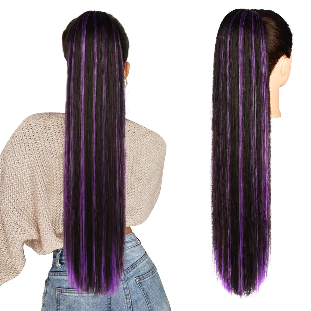 Seikea 28&quot; Ponytail Extensions - Black Brown With Purple Highlights, Synthetic Clip-In Hairpiece