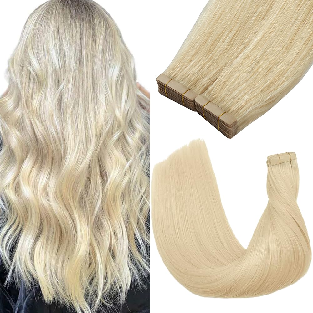 Yddm Platinum Blonde Tape In Hair Extensions, 20 Inch, 20 Pcs, Human Hair, Seamless, Invisible