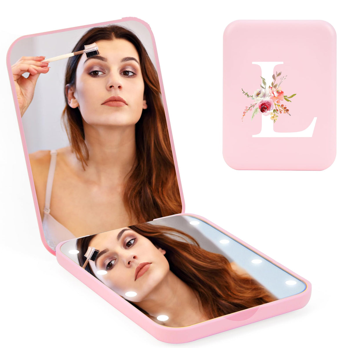 Bugarore Personalized Led Compact Mirror - 1X/3X Magnifying Travel Makeup Mirror For Women, Pink