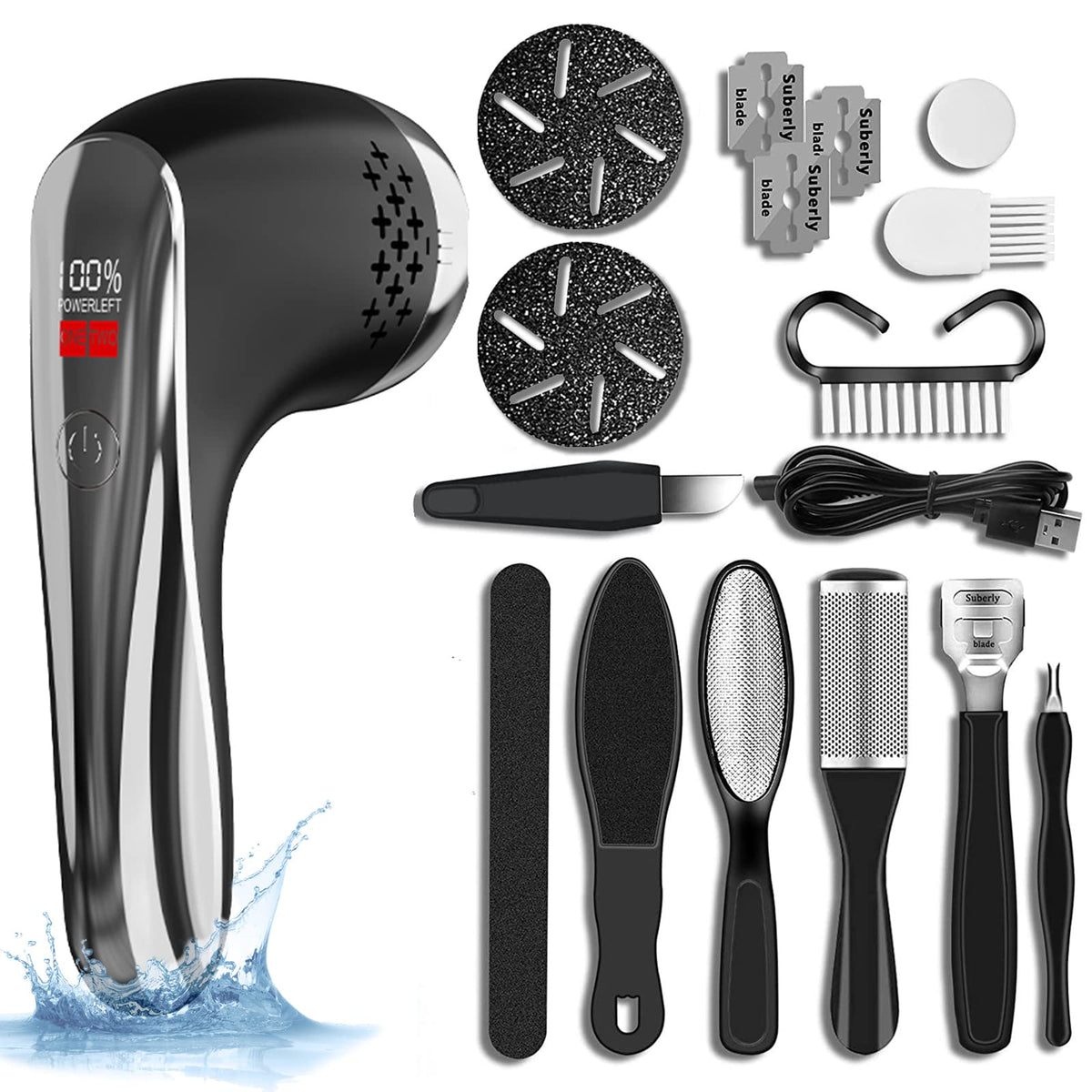 Vacto Electric Foot Callus Remover, 13-In-1 Waterproof Pedicure Kit With Led Display, Black