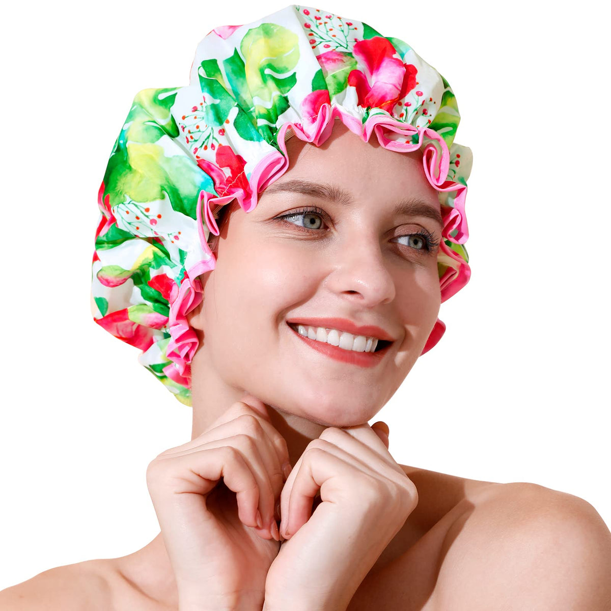 Beautail Reusable Shower Cap For Long Hair, Waterproof Bath Hat, Flowers, Large Size, 1 Pack