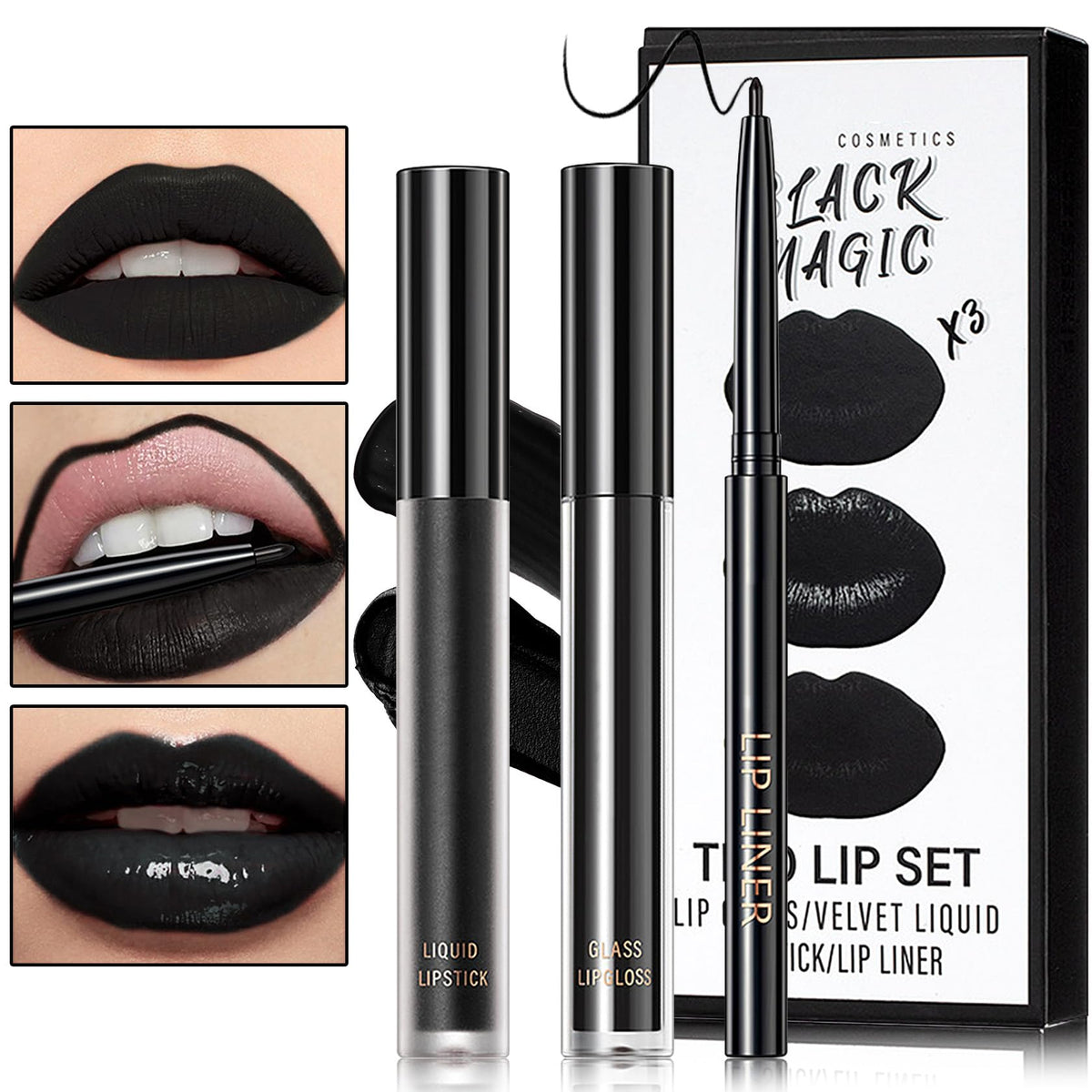 Bkpplzp Black Matte Liquid Lipstick Set - 3 In 1 Lip Liner & Gloss For Long-Lasting Makeup