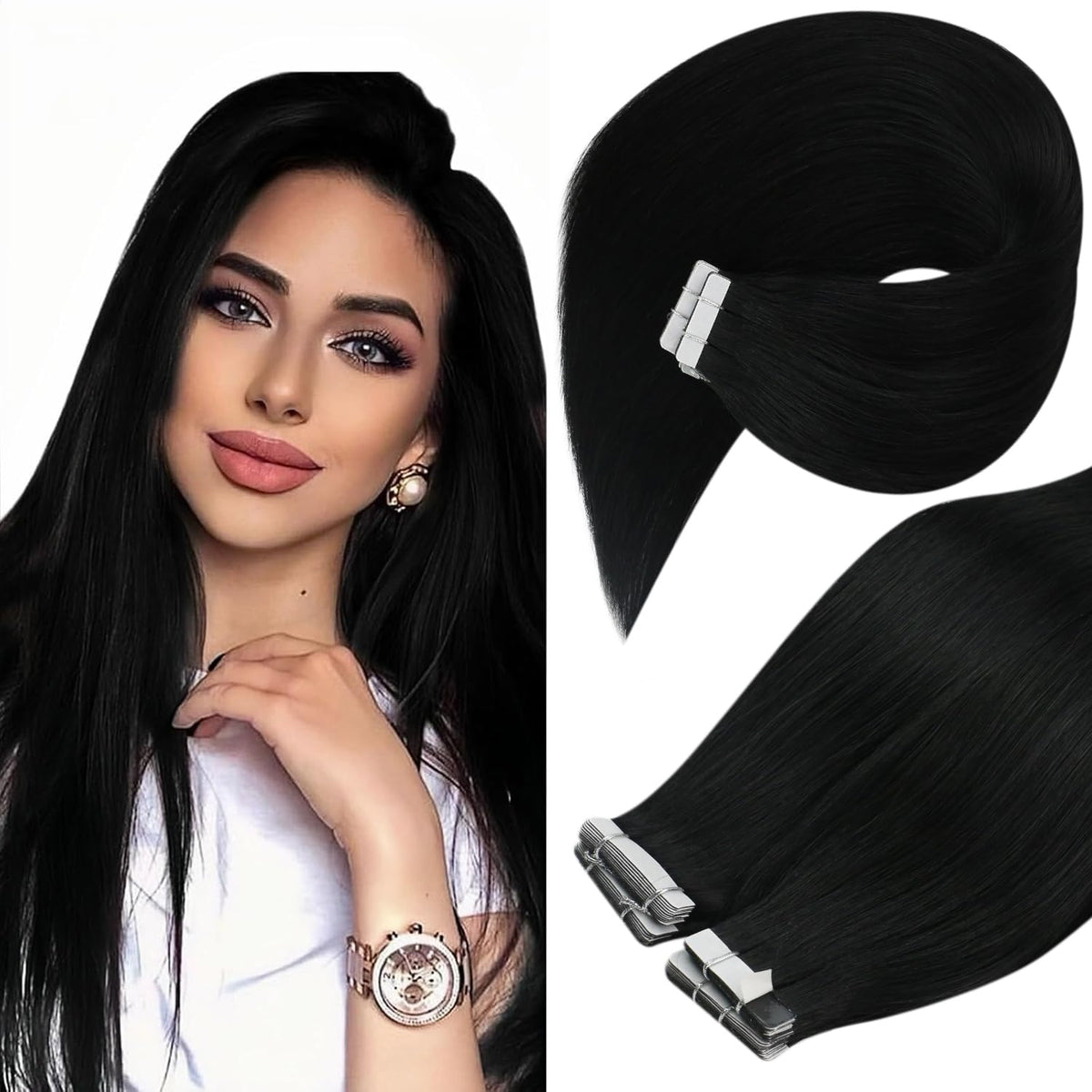 Ve Sunny Jet Black Tape In Hair Extensions - 18&quot; Human Hair, 50G, 20Pcs, Invisible Glue