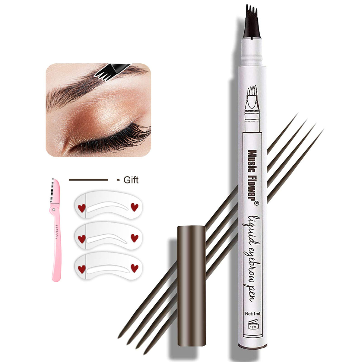 Moonkong Eyebrow Pen 4 Point Waterproof Pencil With Stencils & Razor - Dark Grey