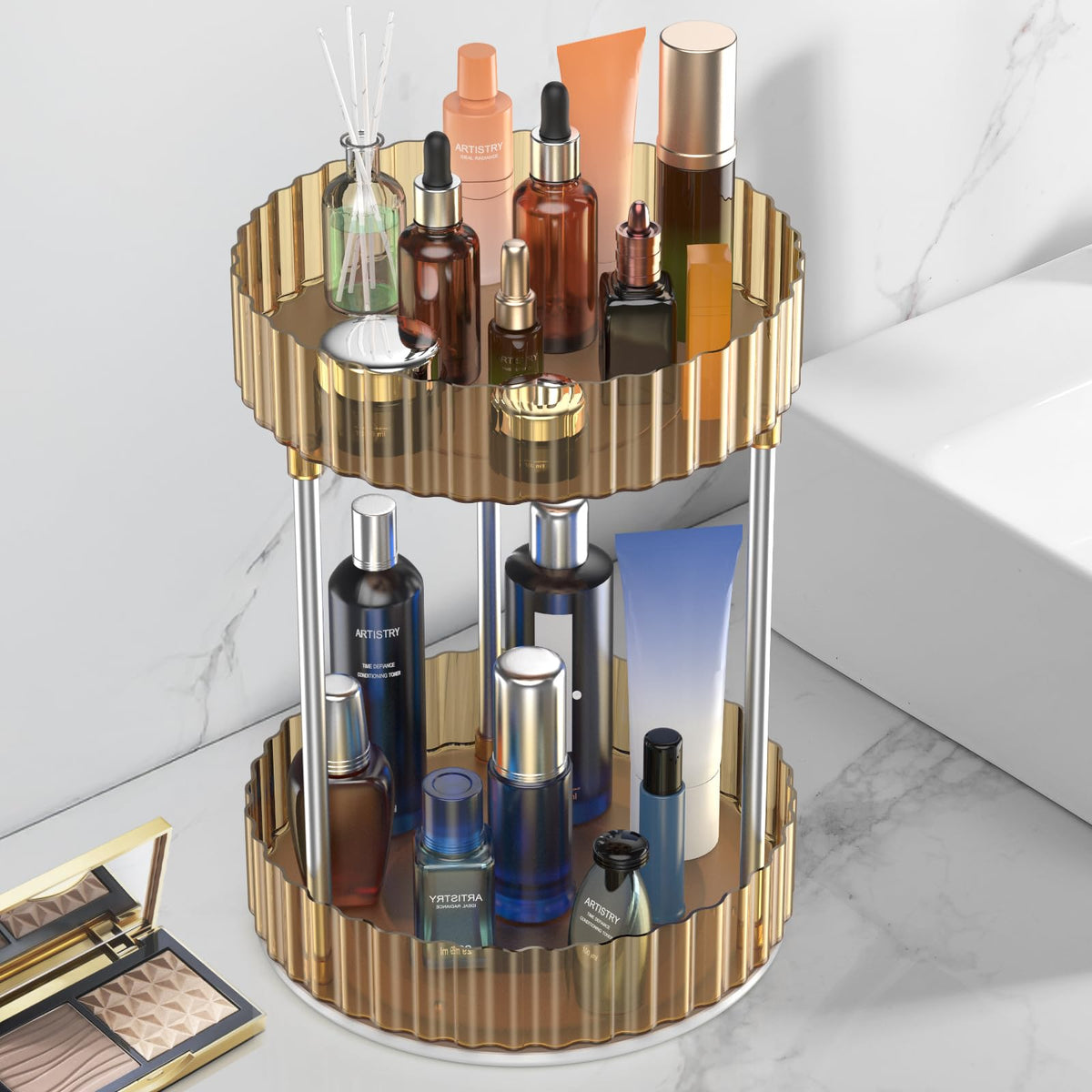 Wnyt 2 Tier Lazy Susan Organizer - 360° Rotating Spice Rack, 9&quot; Gold Acrylic Makeup Holder