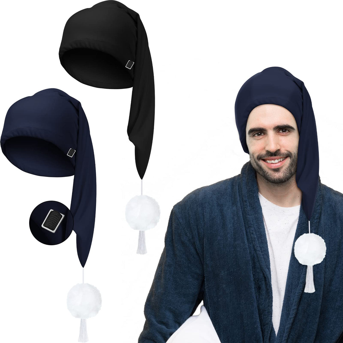 Geyoga Adjustable Silk Night Sleeping Caps For Men, 2 Pcs With Pom Ball, Black & Navy Blue