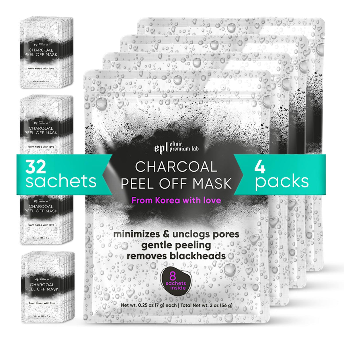 Wonder Family Activated Charcoal Face Masks - 4 Pack (32 Sachets) For Men & Women Skin Care