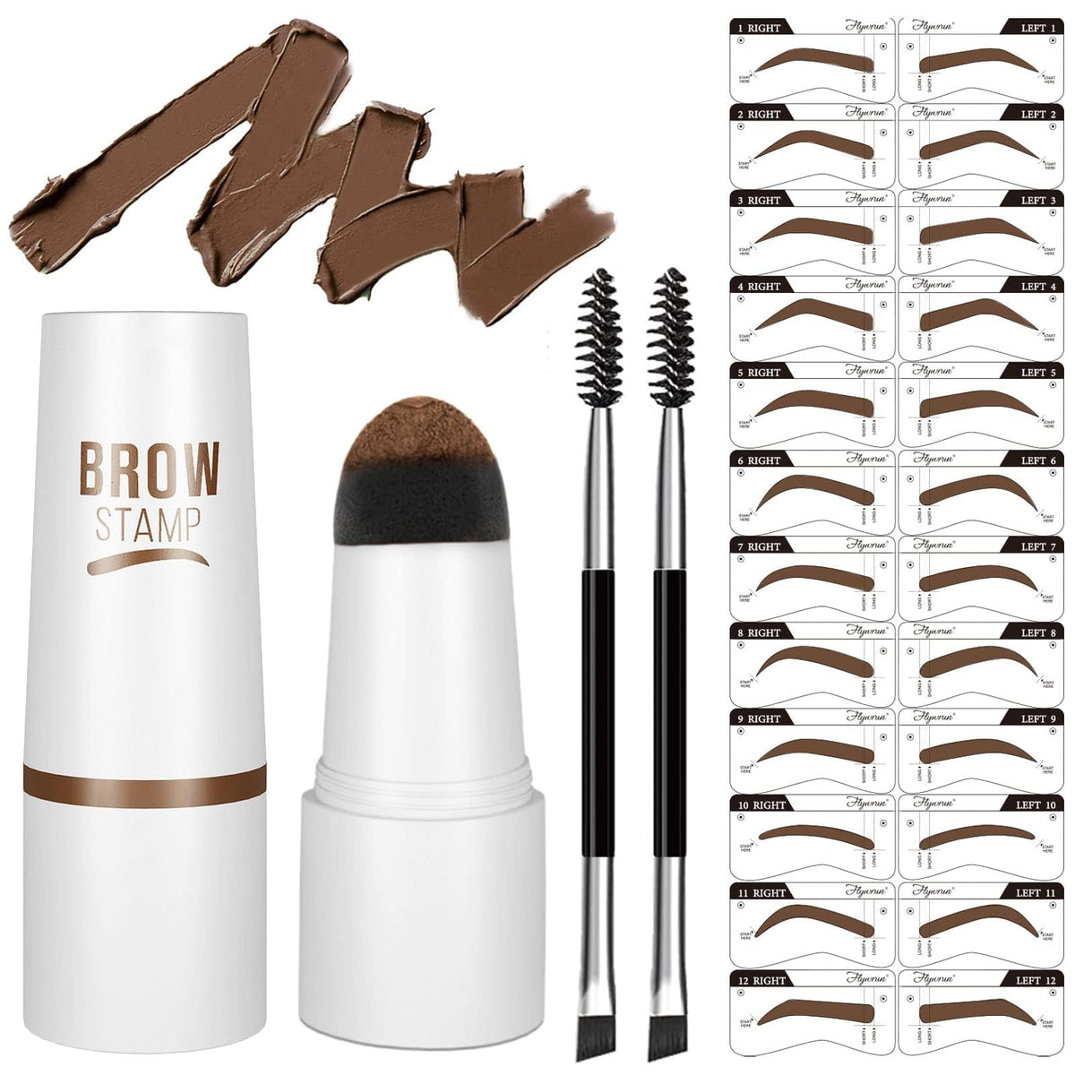 Nuonove Eyebrow Stamp Stencil Kit - Vegan Waterproof Pomade With 24 Reusable Stencils, Medium Brown