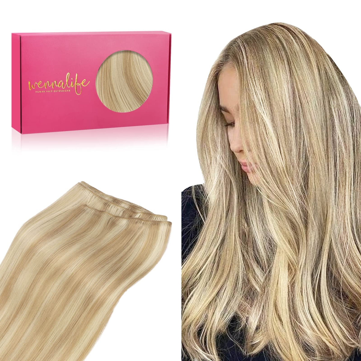 WENNALIFE 16 Inch 80g Sew In Human Hair Extensions, Light Blonde Highlighted Golden Blonde