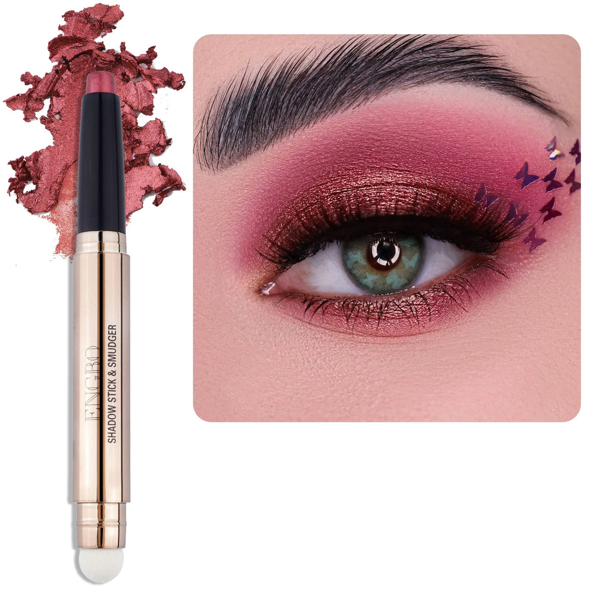 Enfuntins Shimmer Cream Eyeshadow Stick, Waterproof Glitter Eye Brightener, 06 Rose Red Shimmer