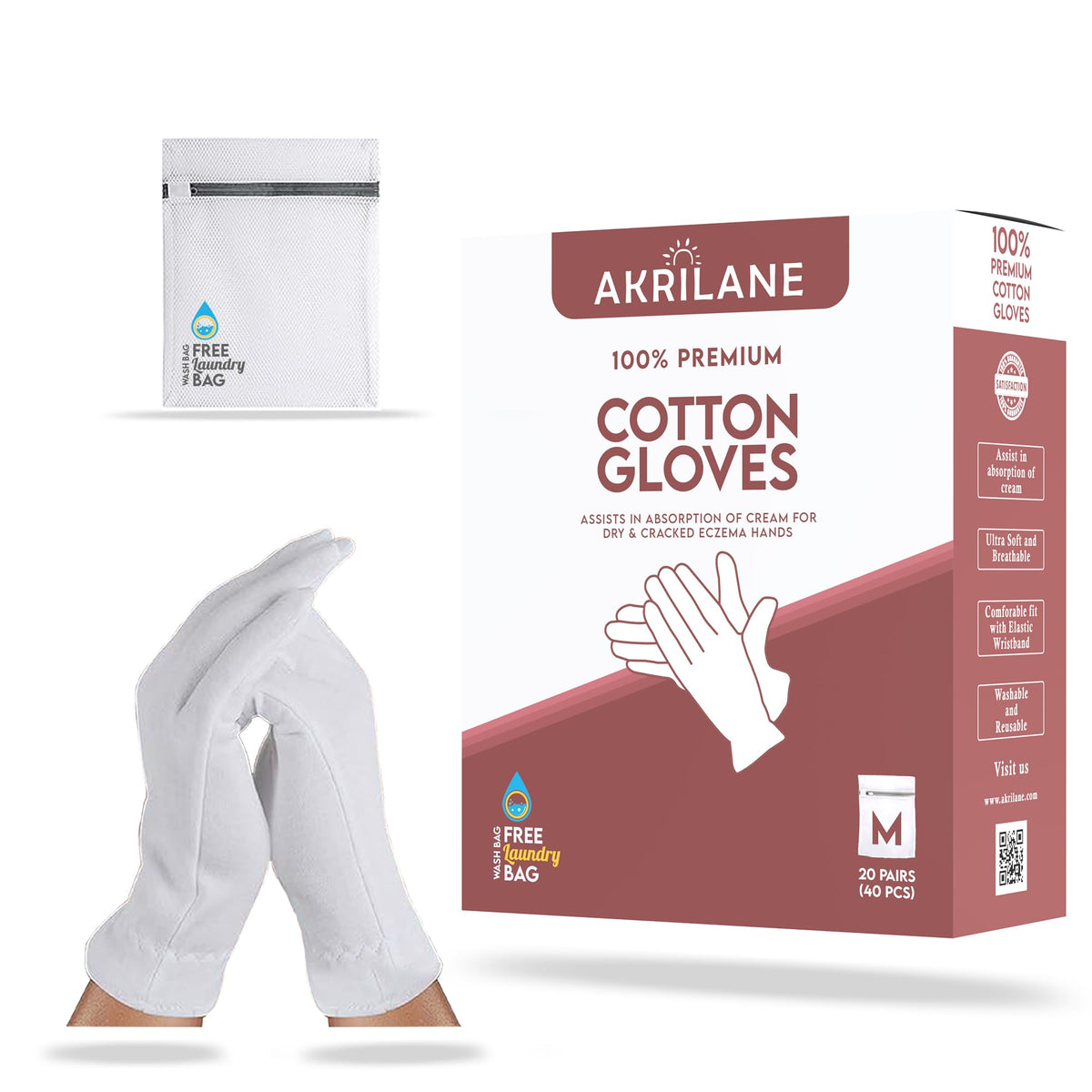 Akrilane Medium Cotton Gloves - 20 Pairs Moisturizing Overnight Gloves For Eczema & Dry Hands