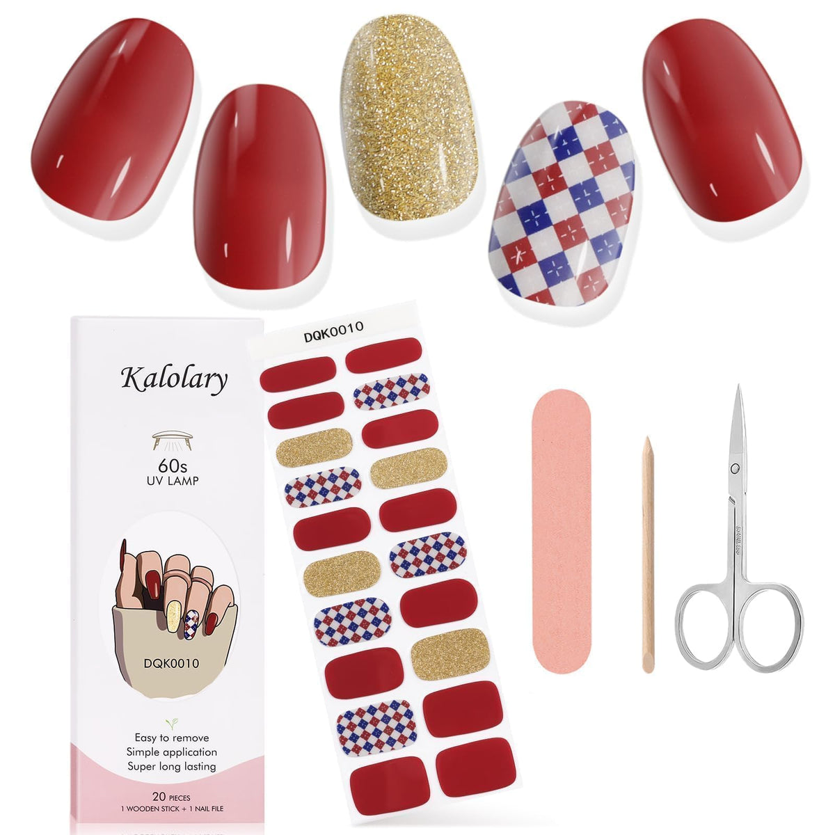 Kalolary Red Gel Nail Polish Strips - Waterproof Full Wraps With Scissors & Nail File