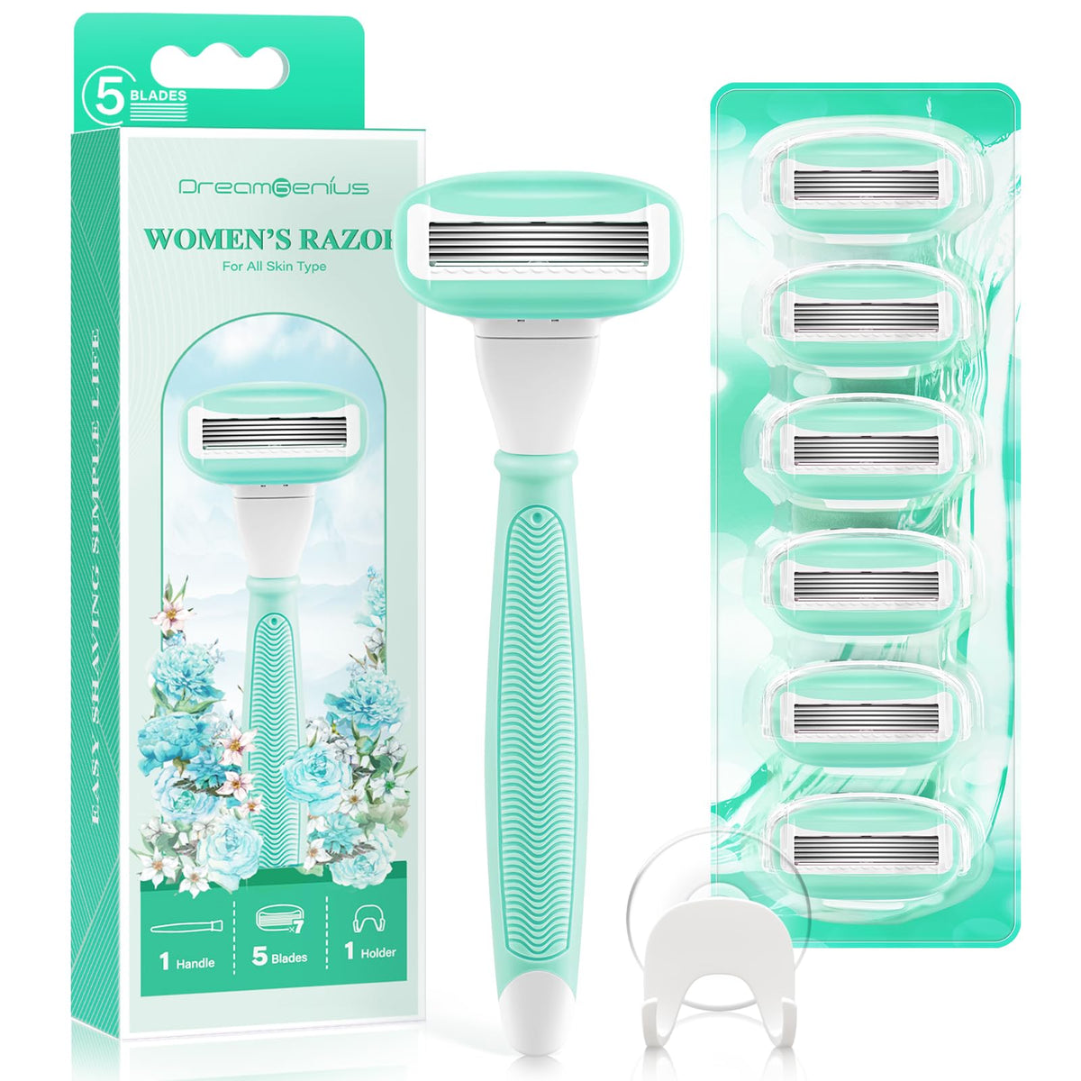 Dreamgenius Women'S Razors - 1 Handle, 7 Blade Refills, 360° Lubrication, Green