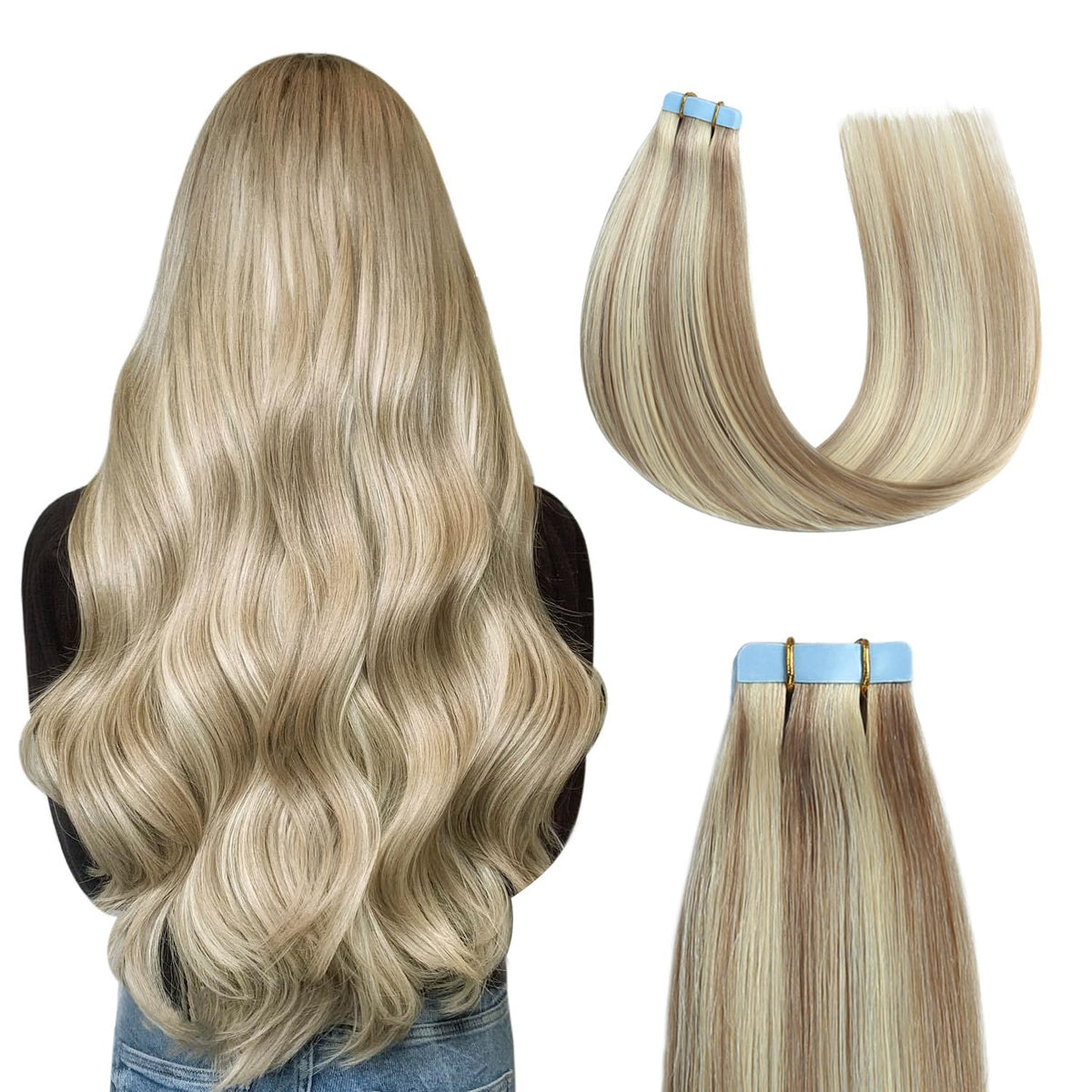 Sunya Tape In Hair Extensions 12 Inch Ash Blonde Highlighted Real Human Hair Seamless Weft #P18/613