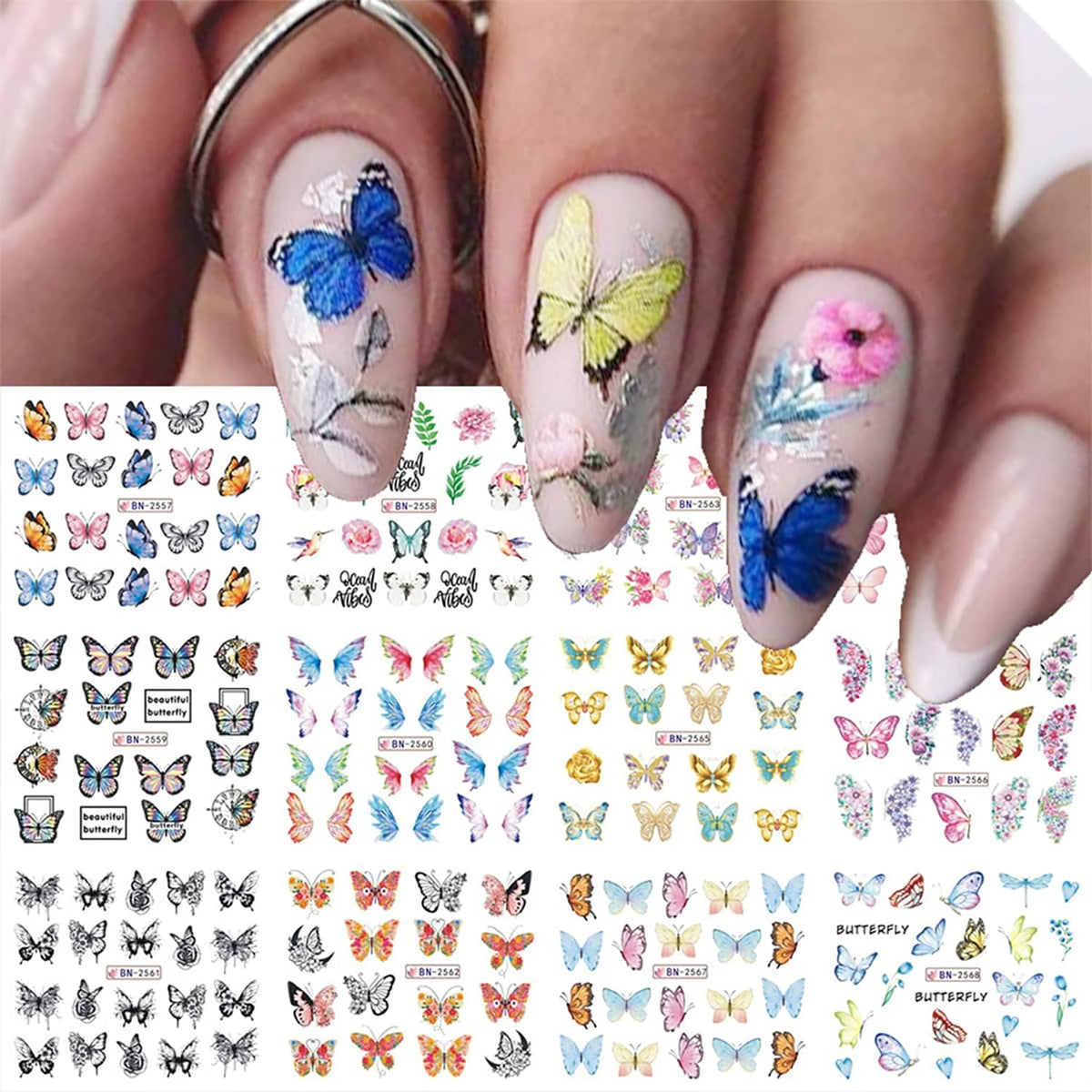 Kstbjn Butterfly Nail Art Stickers, Water Transfer Decals With Flower Designs, 12Pcs