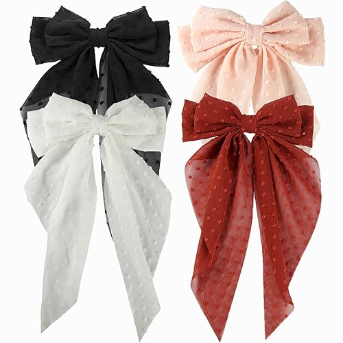 SALOCY Large Hair Bows for Women - 4 Pcs Bow Clips in Black, White, Pink, Coffee