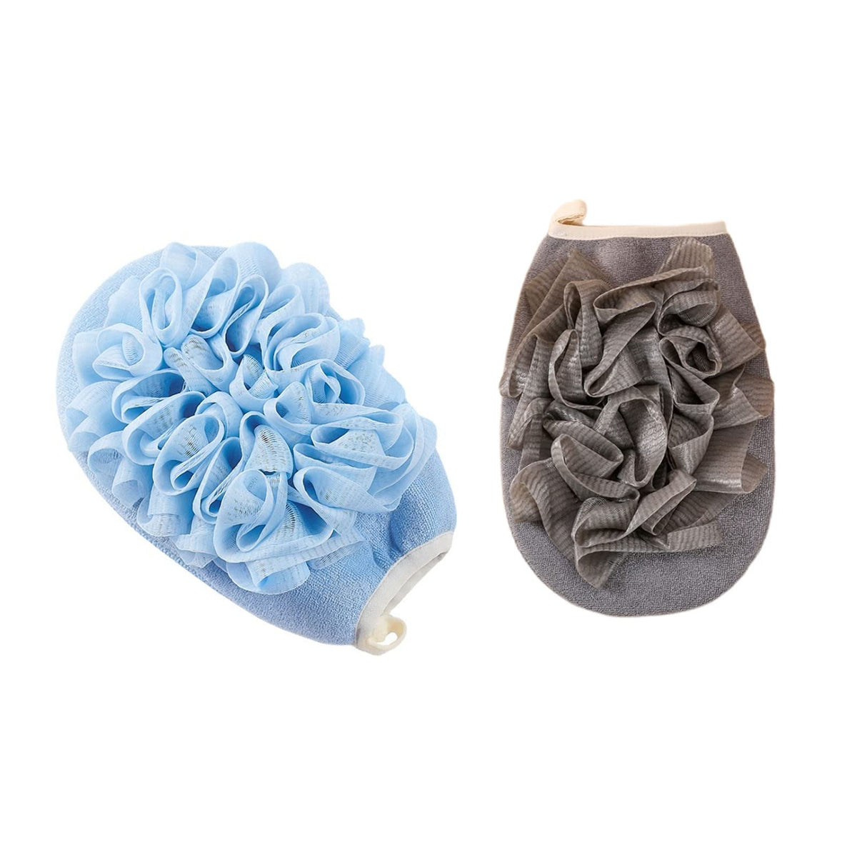 Weluyyyi 2 Pcs Exfoliating Bath Shower Pouf Sponge & Glove With Hand Strap - Gray/Blue