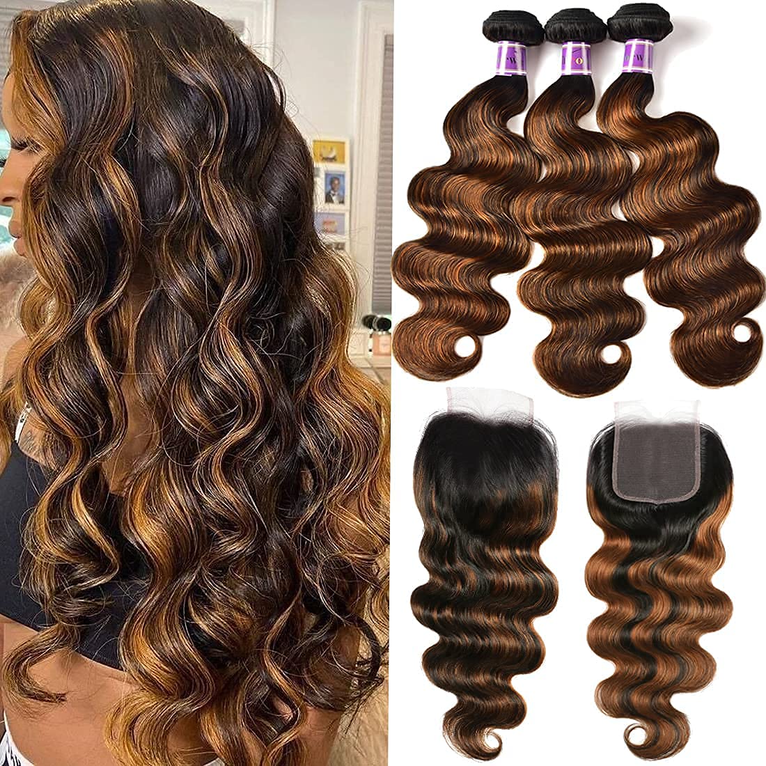 UNICE Brown Highlight Body Wave Hair 3 Bundles with 4x4 Closure, Ombre FB30, 20 22 