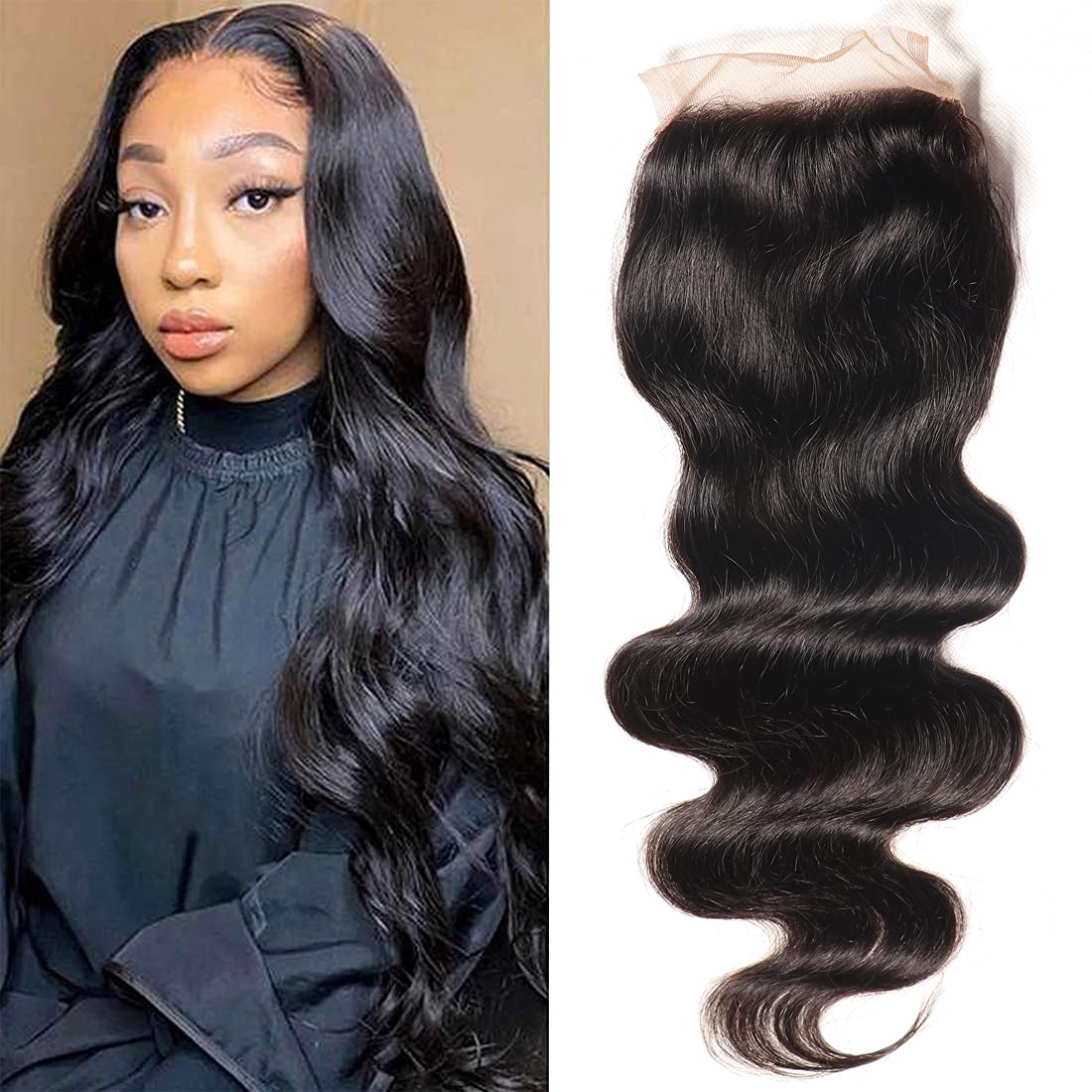 UNice 14&quot; Body Wave Lace Closure, Natural Black, Unprocessed Brazilian Human Hair, Free Part