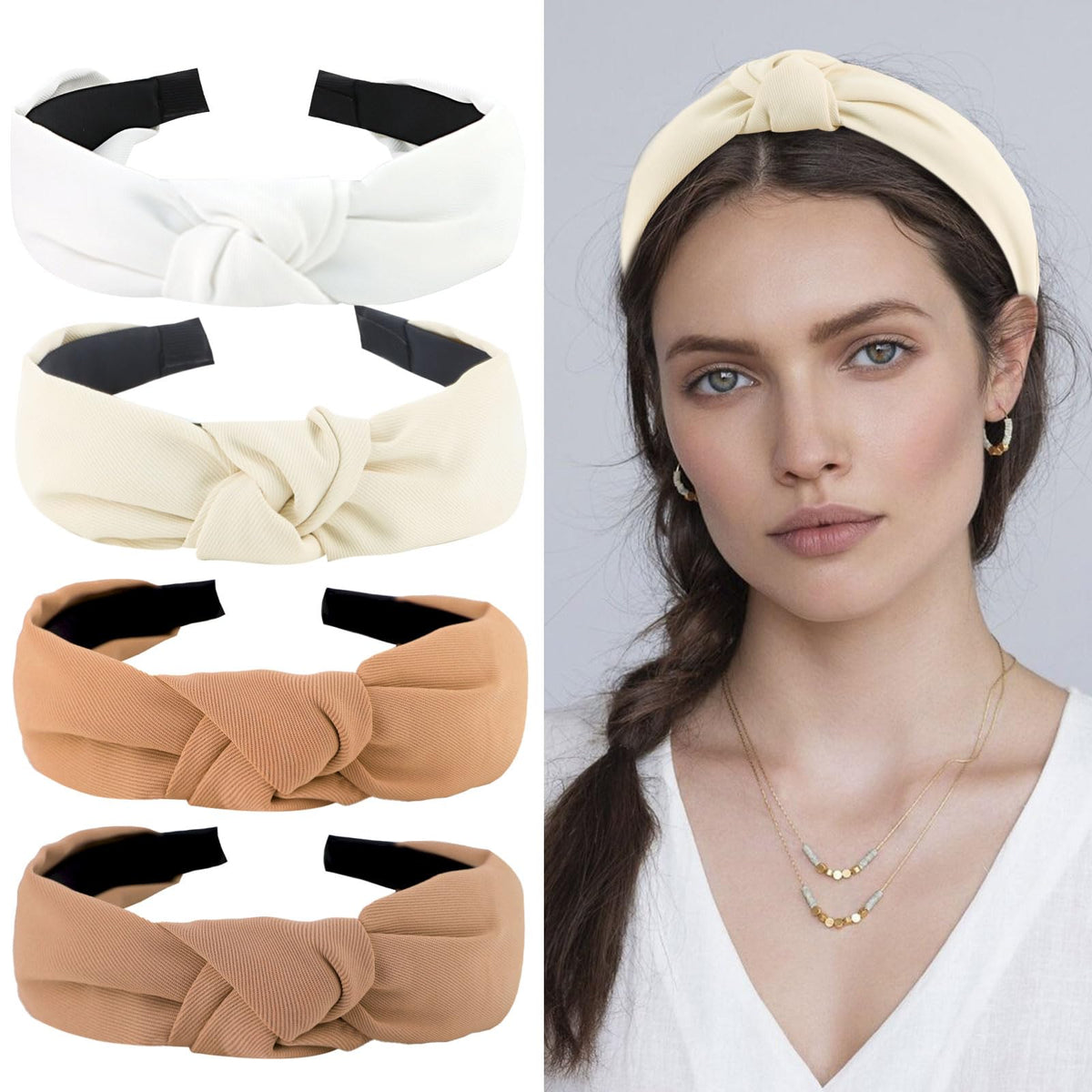 YISSION 4PCS Non-Slip Wide Knot Headbands Set - Fashion Hair Accessories in White, Khaki, Brown