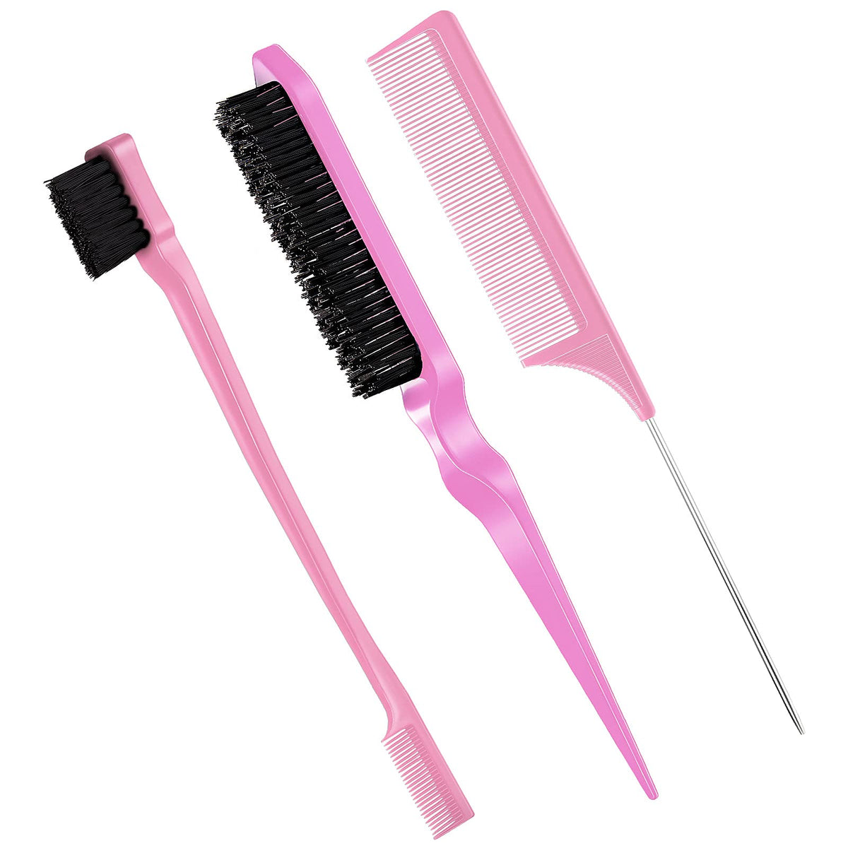 Geiserailie 3 Pcs Slick Back Hair Brush Set - Bristle Brush, Edge Control & Teasing Comb, Light Pink