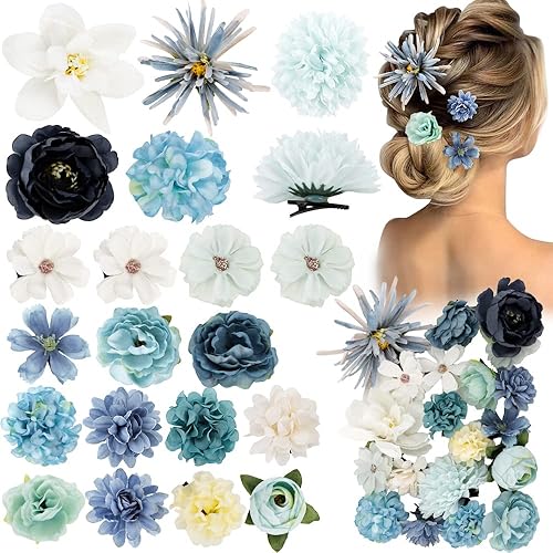 AHONEY 20 Pcs Blue Bohemian Flower Hair Clips for Women - Beach Party & Wedding Accessories