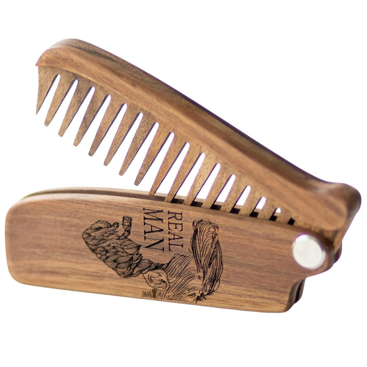 Enjoy The Wood Beard Comb - Pocket Folding Wooden Comb For Mustache & Hair, Wavy Half Skull Design