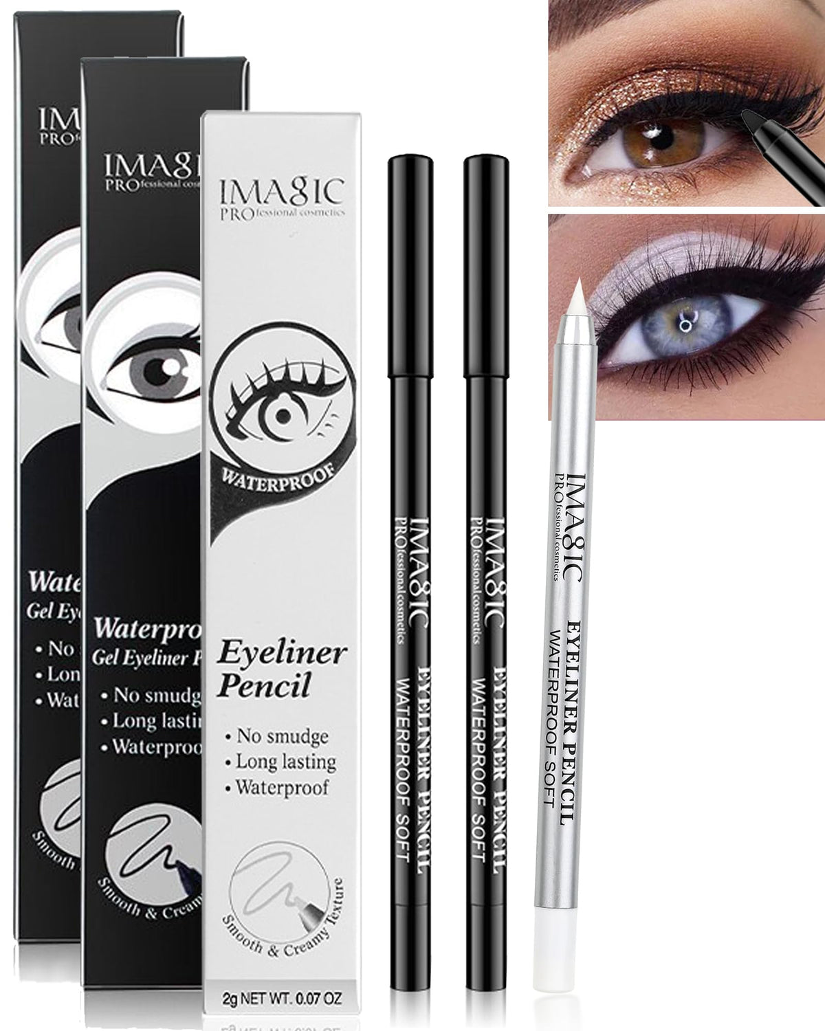 Lysdefeu Waterproof Gel Eyeliner Pens Set - 2 Black & 1 White, Long Lasting, Smooth Formula